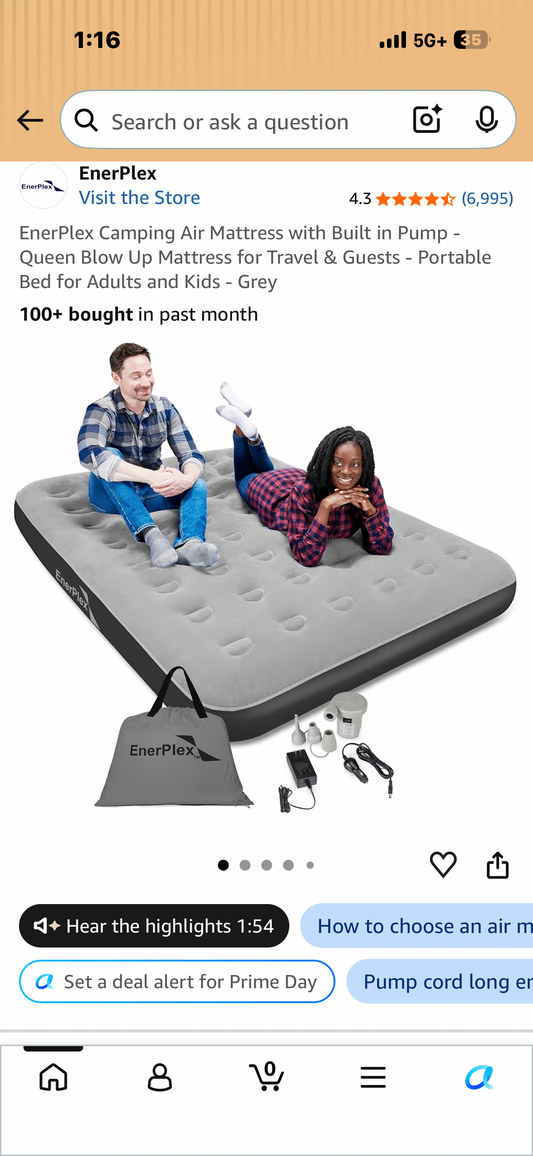 EnerPlex Camping Air Mattress with Built in Pump - Queen Blow Up Mattress for Travel & Guests - Portable Bed for Adults and Kids - Grey