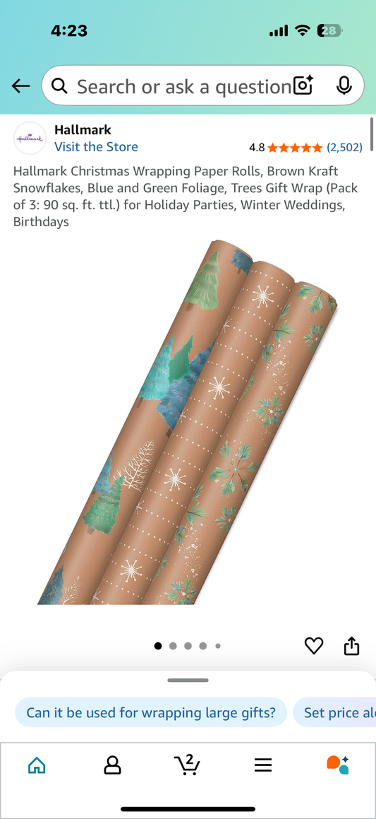 Hallmark Christmas Wrapping Paper Rolls, Brown Kraft Snowflakes, Blue and Green Foliage, Trees Gift Wrap (Pack of 3: 90 sq. ft. ttl.) for Holiday Parties, Winter Weddings, Birthdays