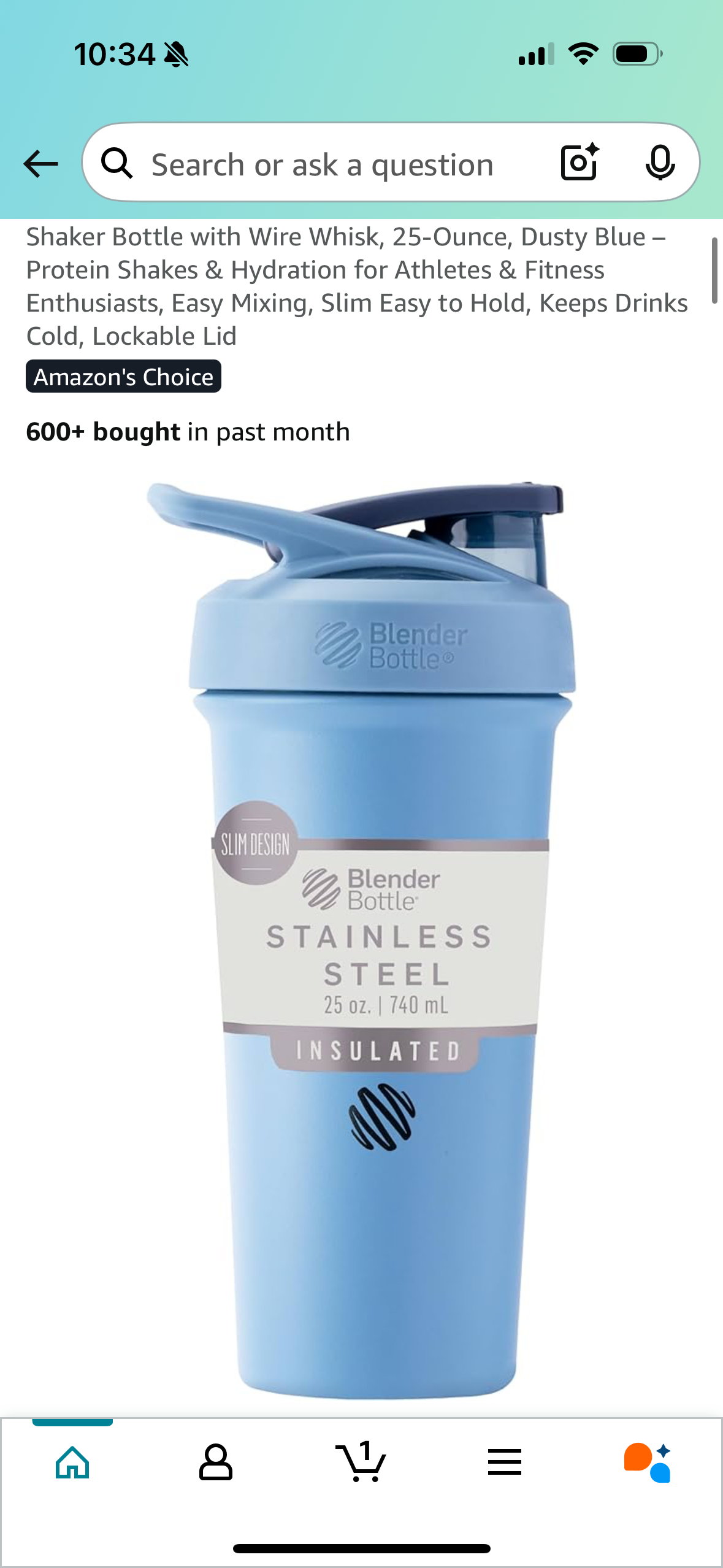BlenderBottle Sport Sleek Insulated Stainless Steel Shaker Bottle with Wire Whisk, 25-Ounce