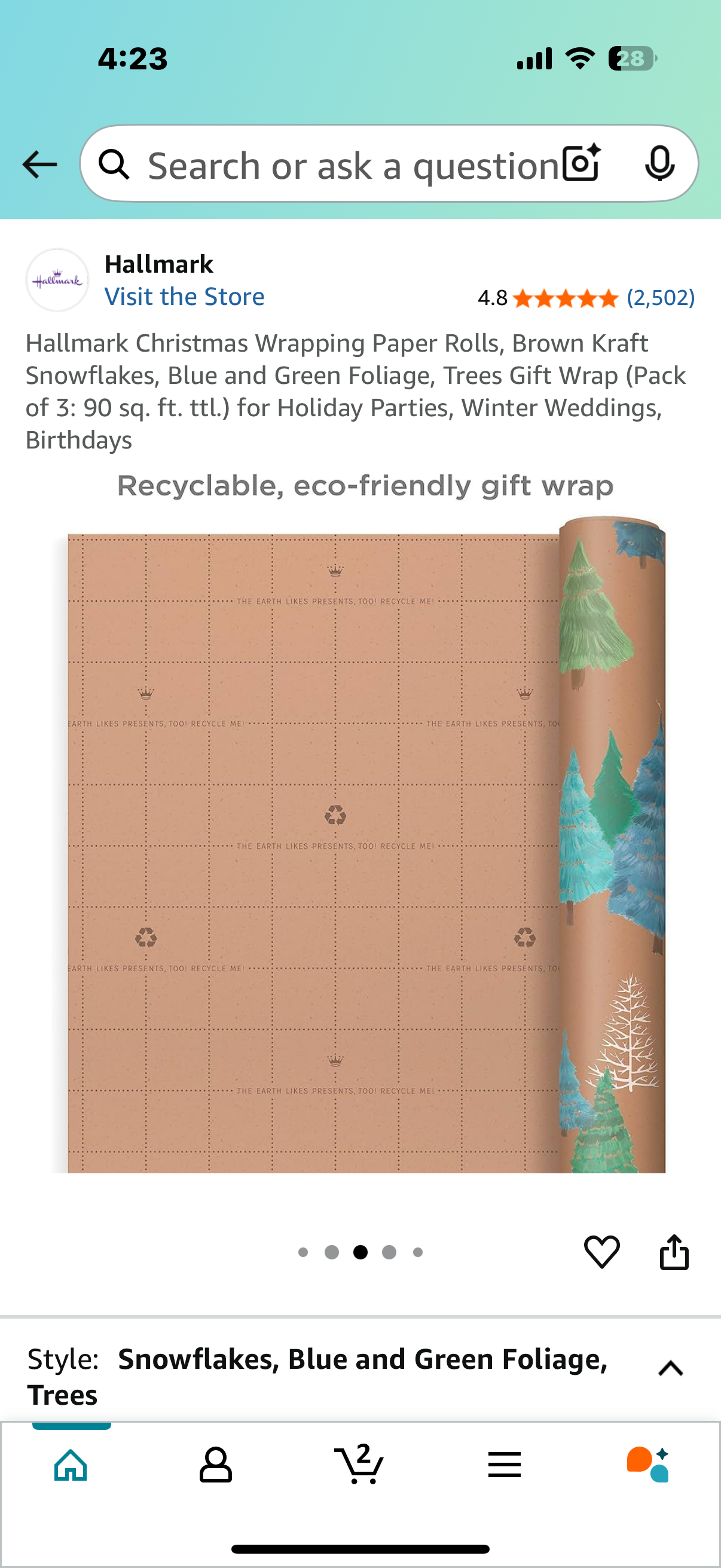 Hallmark Christmas Wrapping Paper Rolls, Brown Kraft Snowflakes, Blue and Green Foliage, Trees Gift Wrap (Pack of 3: 90 sq. ft. ttl.) for Holiday Parties, Winter Weddings, Birthdays