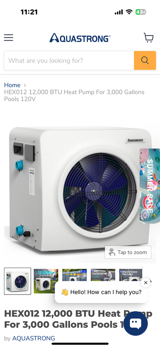 HEX012 12,000 BTU Heat Pump For 3,000 Gallons Pools 120V (W433)