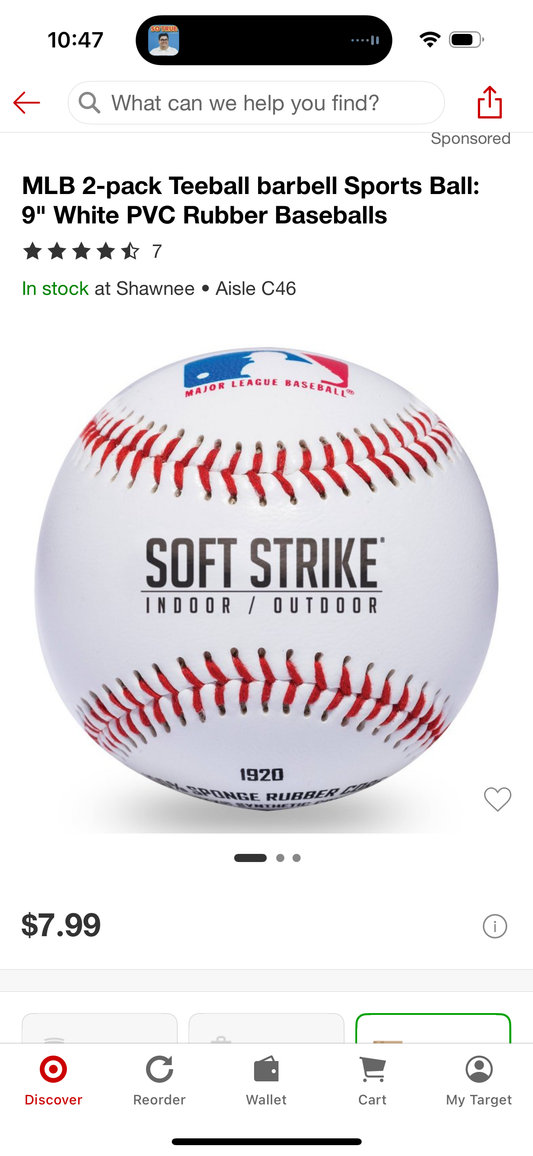 MLB Teeball barbell Sports Ball: 9" White PVC Rubber Baseball