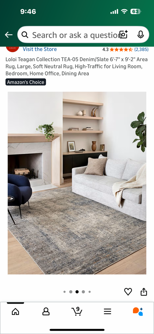 Loloi Teagan Collection TEA-05 Denim/Slate 6'-7" x 9'-2" Area Rug, Large, Soft Neutral Rug, High-Traffic for Living Room, Bedroom, Home Office, Dining Area (L1102)
