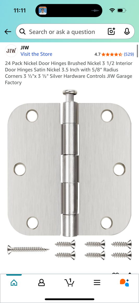 24 Pack Nickel Door Hinges Brushed Nickel 3 1/2 Interior Door Hinges Satin Nickel 3.5 Inch with 5/8” Radius Corners 3 ½"x 3 ½" Silver Hardware Controls JIW Garage Factory
