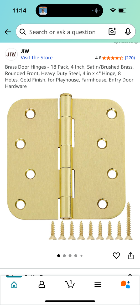 Brass Door Hinges - 18 Pack, 4 Inch, Satin/Brushed Brass, Rounded Front, Heavy Duty Steel, 4 in x 4" Hinge, 8 Holes, Gold Finish, for Playhouse, Farmhouse, Entry Door Hardware