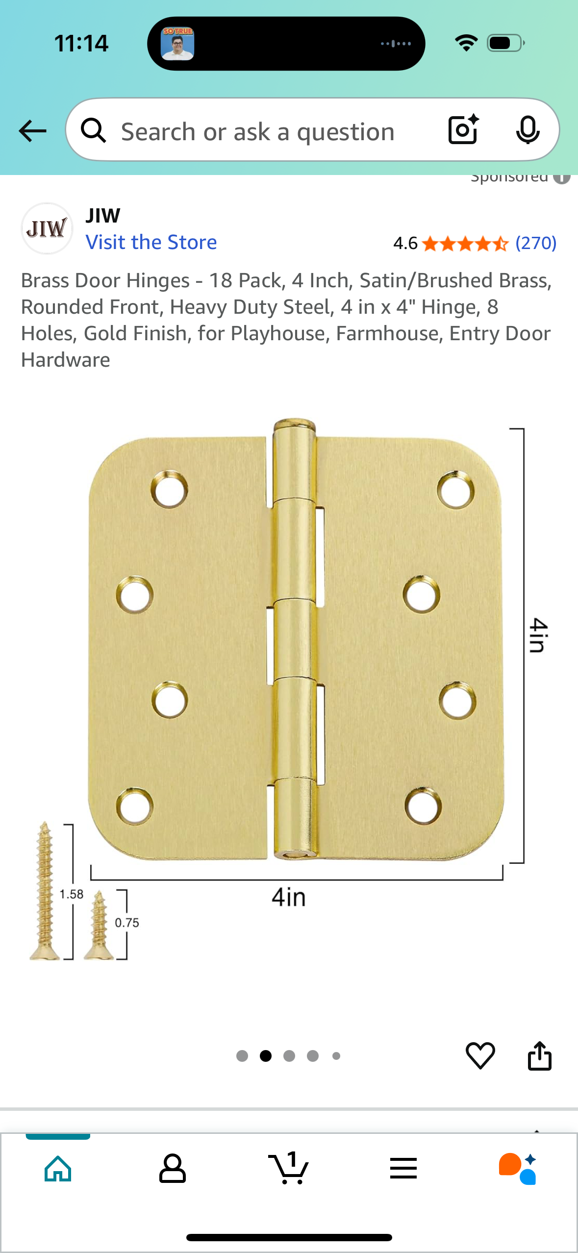 Brass Door Hinges - 18 Pack, 4 Inch, Satin/Brushed Brass, Rounded Front, Heavy Duty Steel, 4 in x 4" Hinge, 8 Holes, Gold Finish, for Playhouse, Farmhouse, Entry Door Hardware