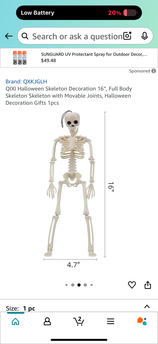 QIXI Halloween Skeleton Decoration 16”, Full Body Skeleton Skeleton with Movable Joints, Halloween Decoration Gifts 1pcs