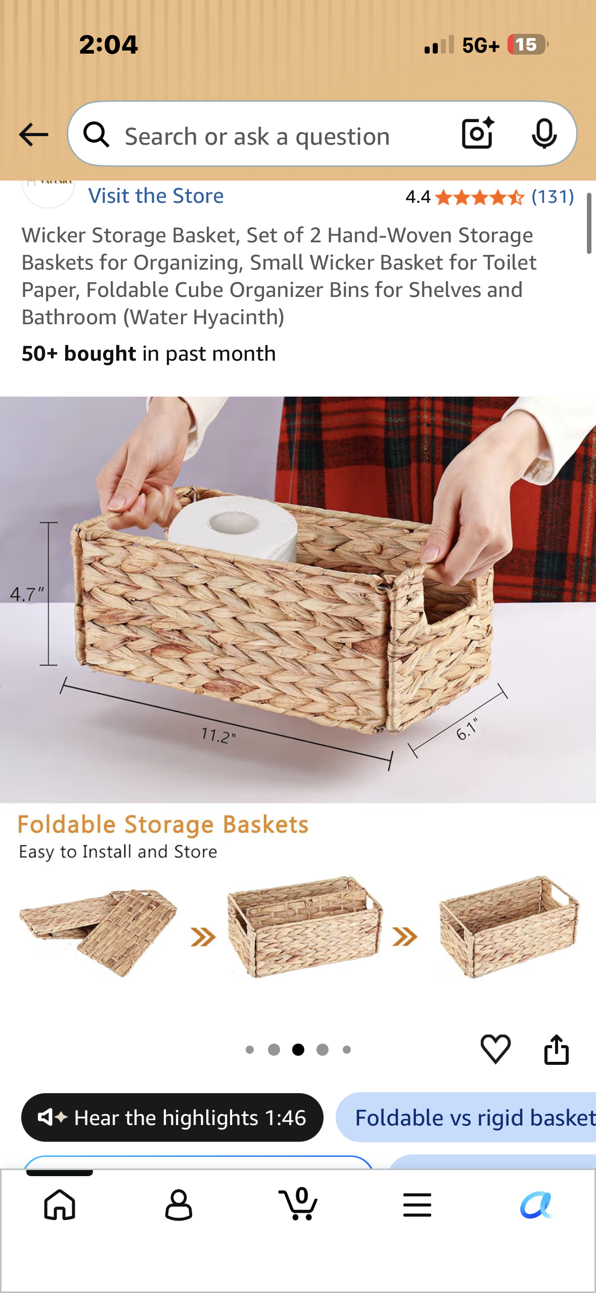 Set of 2 Wicker Storage Baskets, Hand-Woven Storage Baskets for Organizing, Foldable Cube Organizer Bins