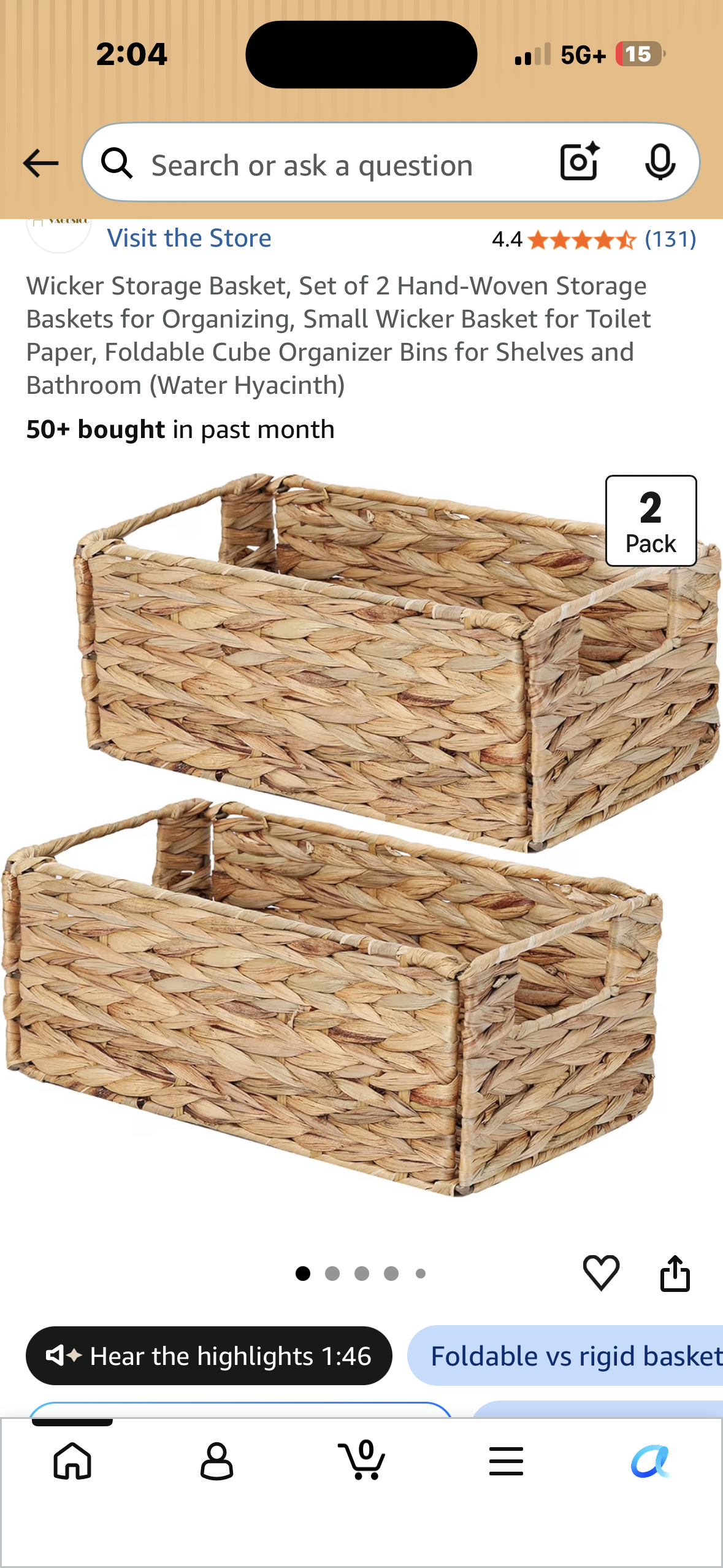 Set of 2 Wicker Storage Baskets, Hand-Woven Storage Baskets for Organizing, Foldable Cube Organizer Bins
