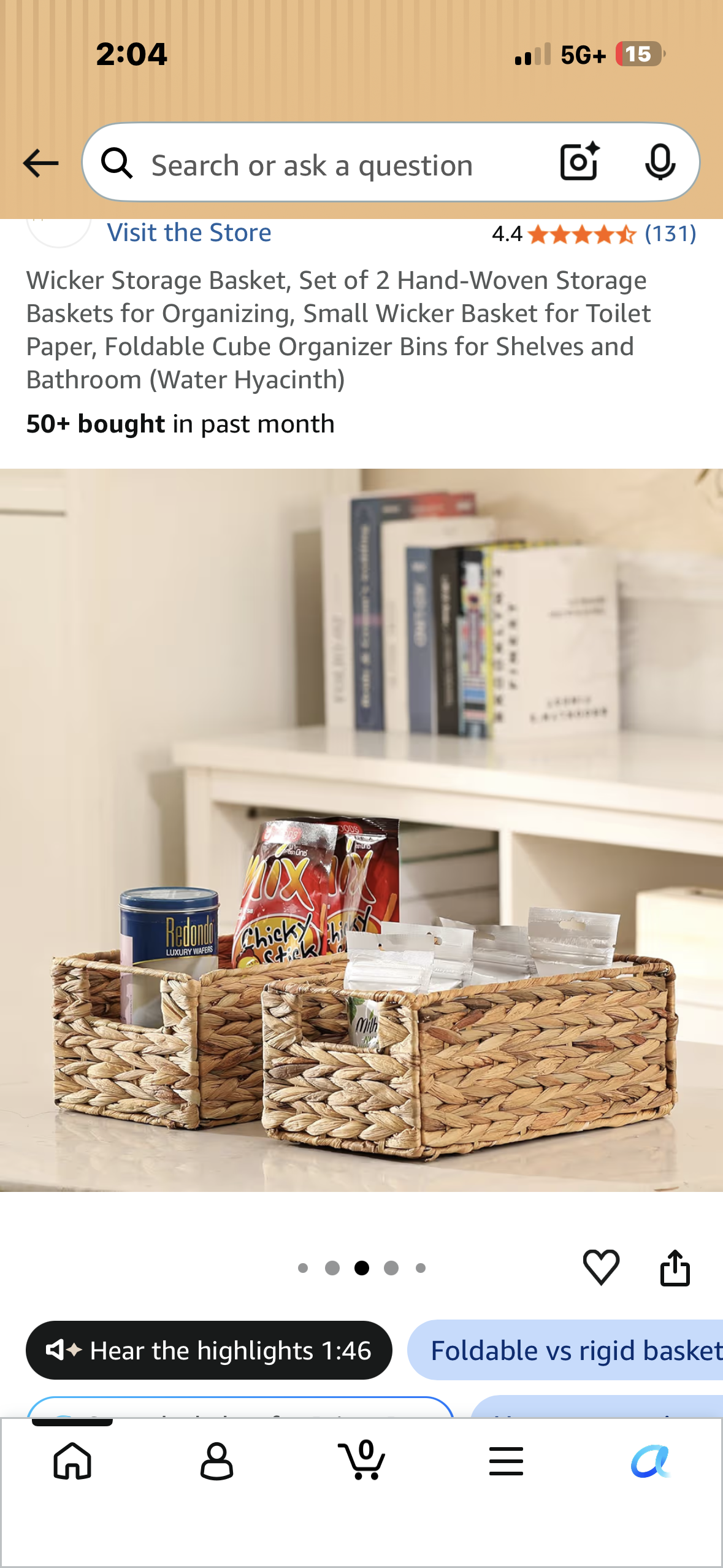 Set of 2 Wicker Storage Baskets, Hand-Woven Storage Baskets for Organizing, Foldable Cube Organizer Bins