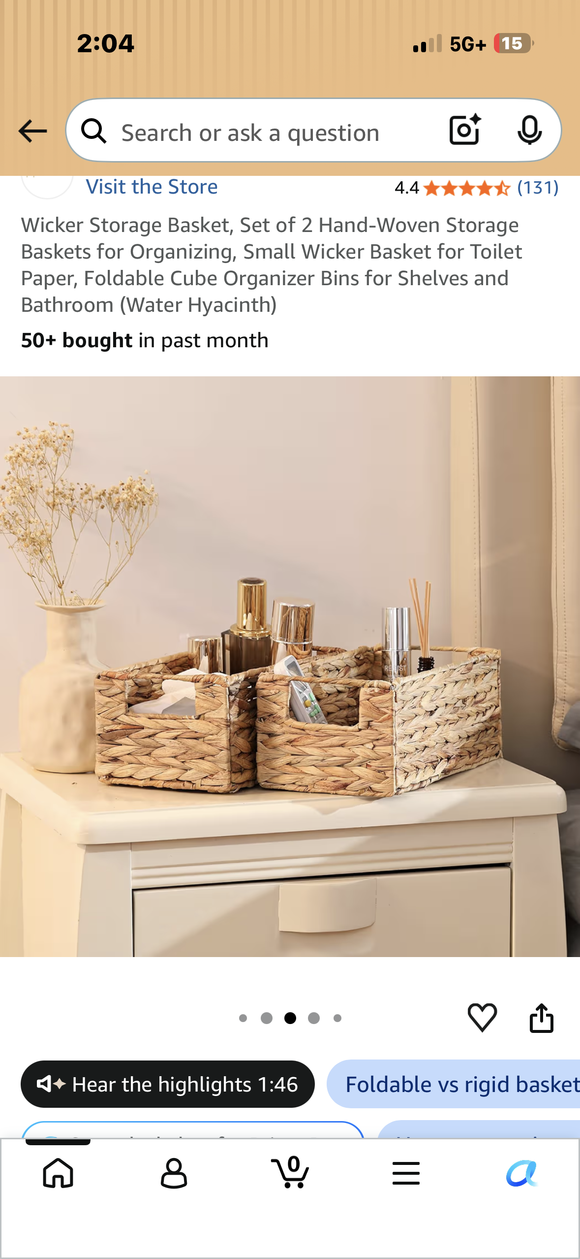 Set of 2 Wicker Storage Baskets, Hand-Woven Storage Baskets for Organizing, Foldable Cube Organizer Bins