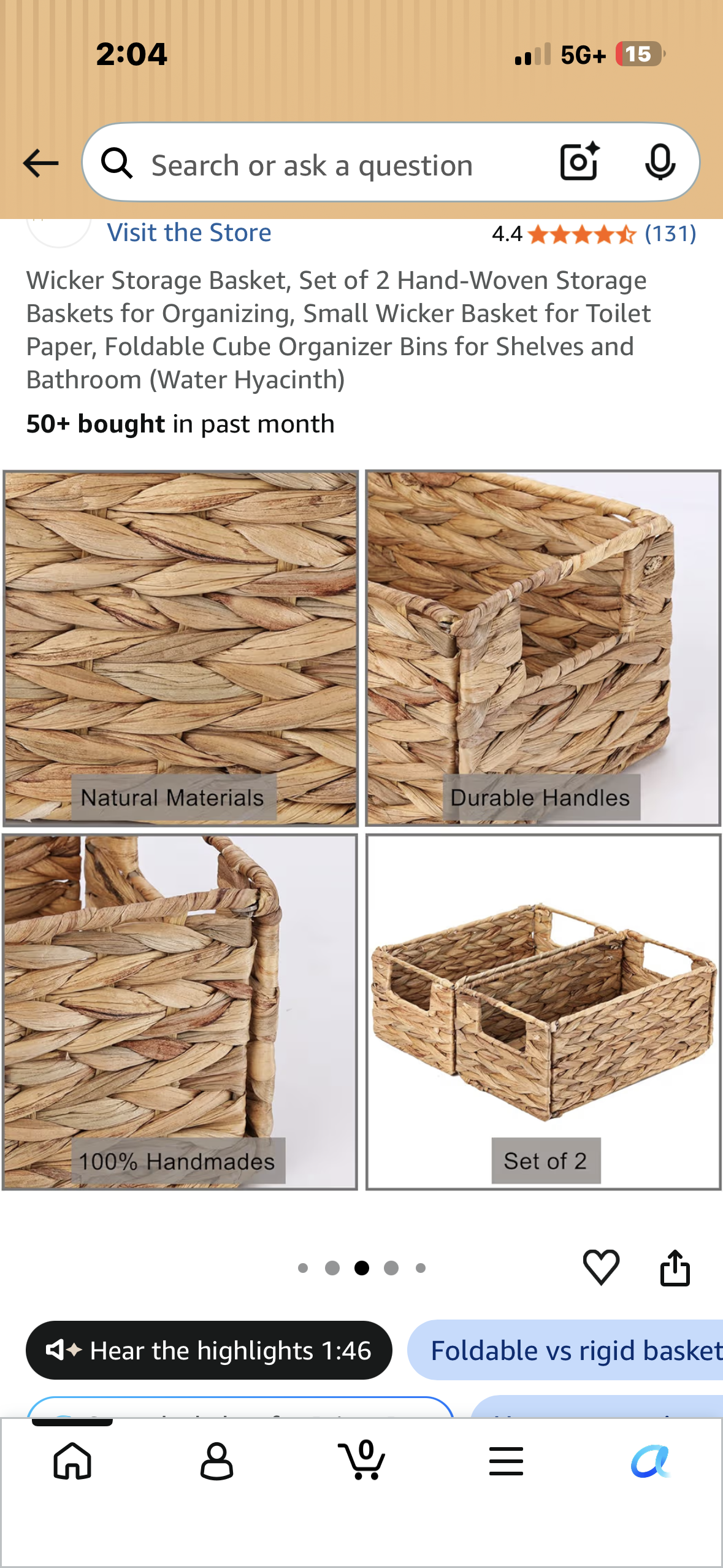 Set of 2 Wicker Storage Baskets, Hand-Woven Storage Baskets for Organizing, Foldable Cube Organizer Bins