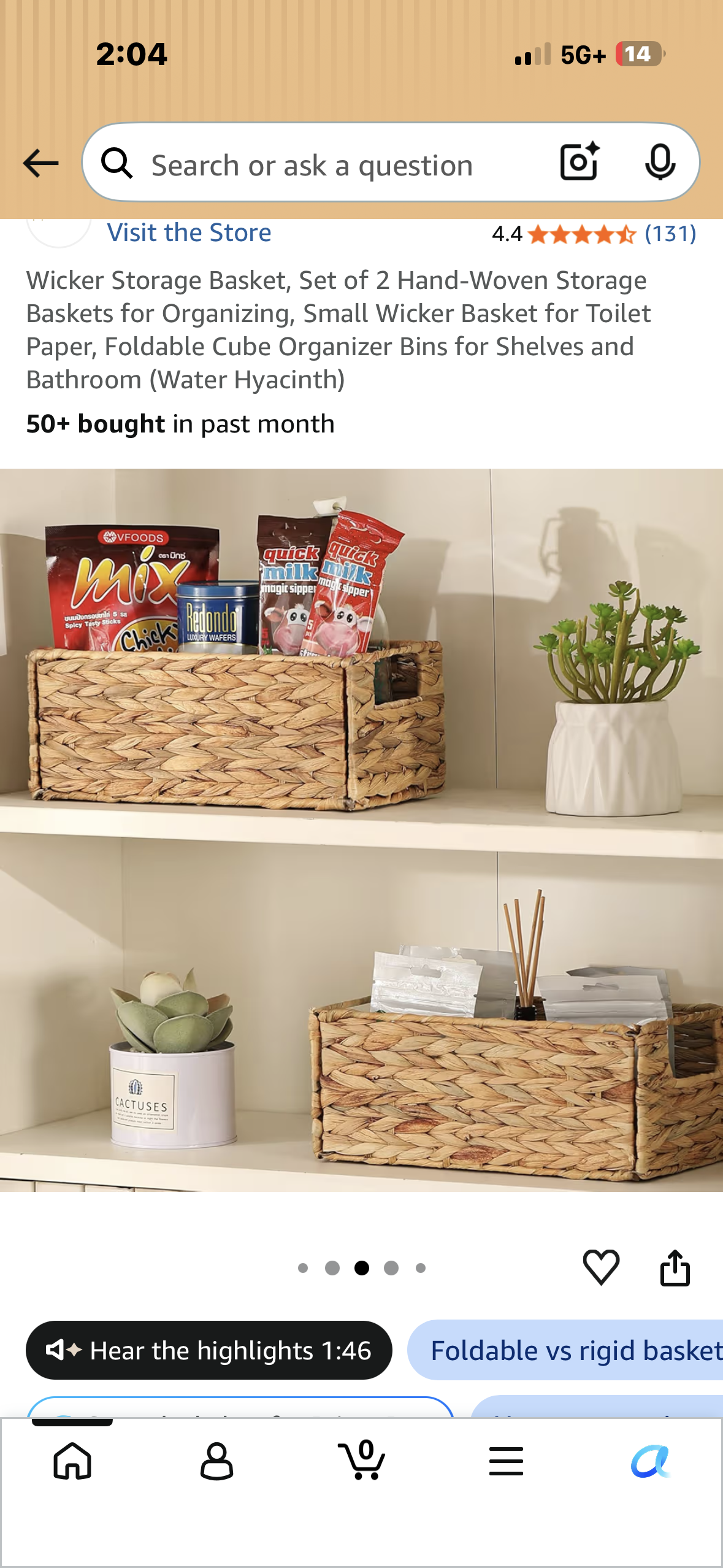 Set of 2 Wicker Storage Baskets, Hand-Woven Storage Baskets for Organizing, Foldable Cube Organizer Bins