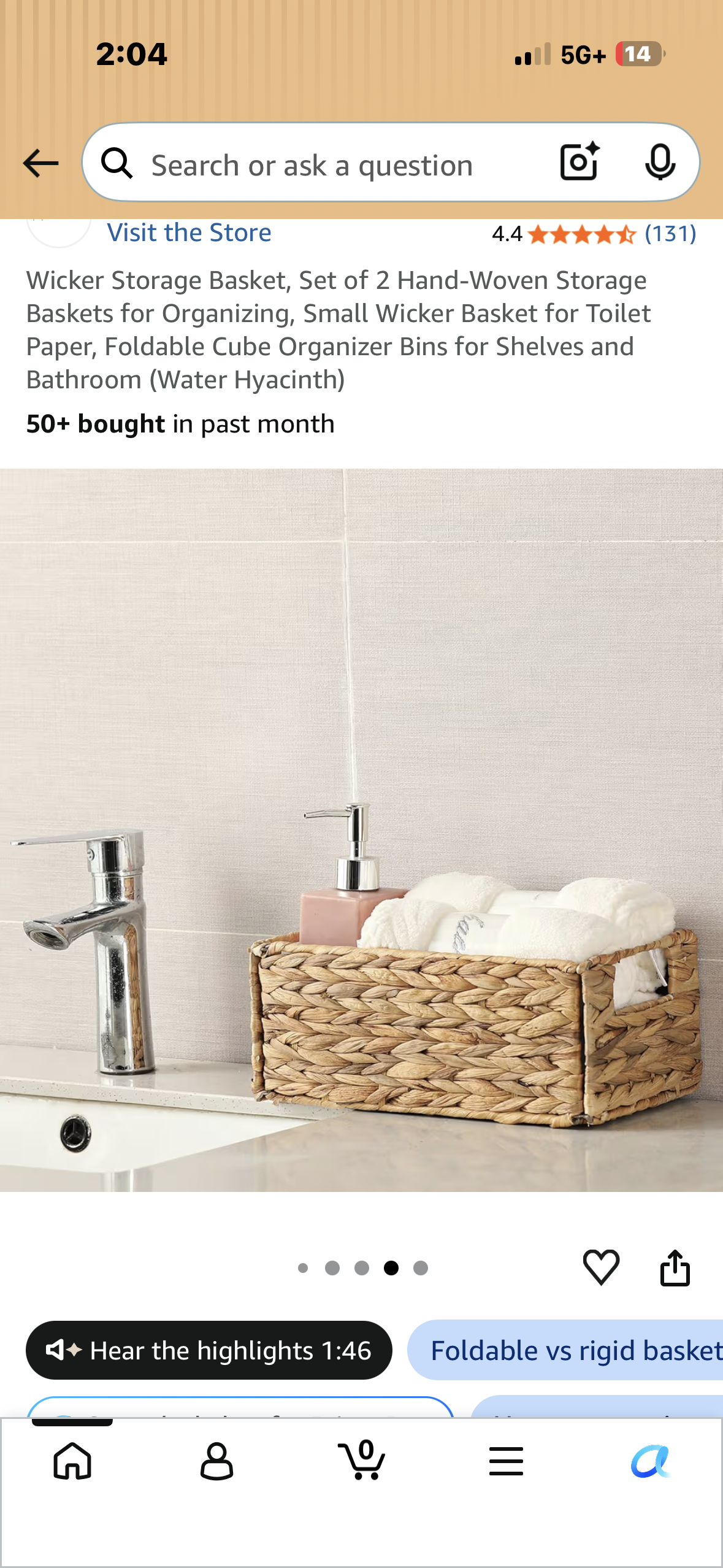 Set of 2 Wicker Storage Baskets, Hand-Woven Storage Baskets for Organizing, Foldable Cube Organizer Bins