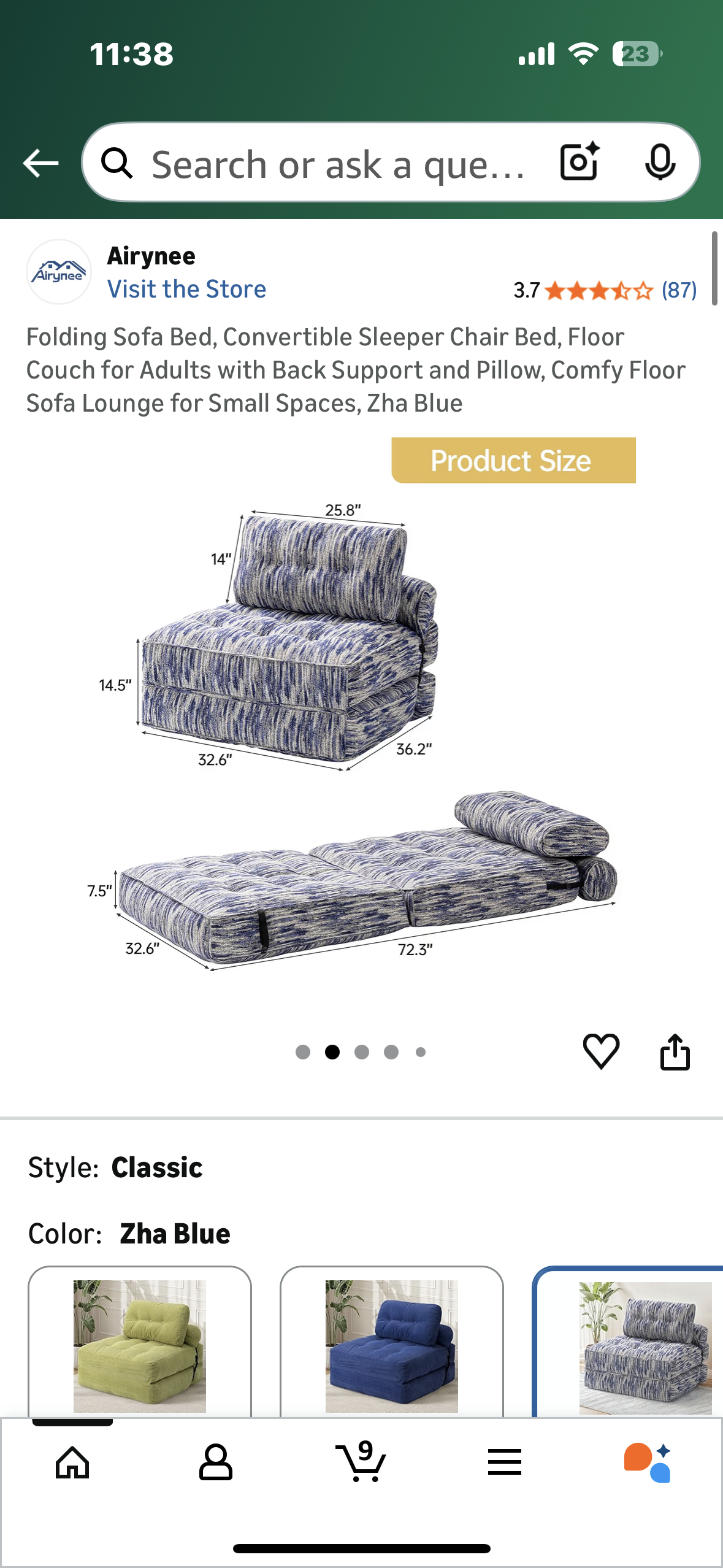 Folding Sofa Bed, Convertible Sleeper Chair Bed, Floor Couch for Adults with Back Support and Pillow, Comfy Floor Sofa Lounge for Small Spaces, Zha Blue (L1103)