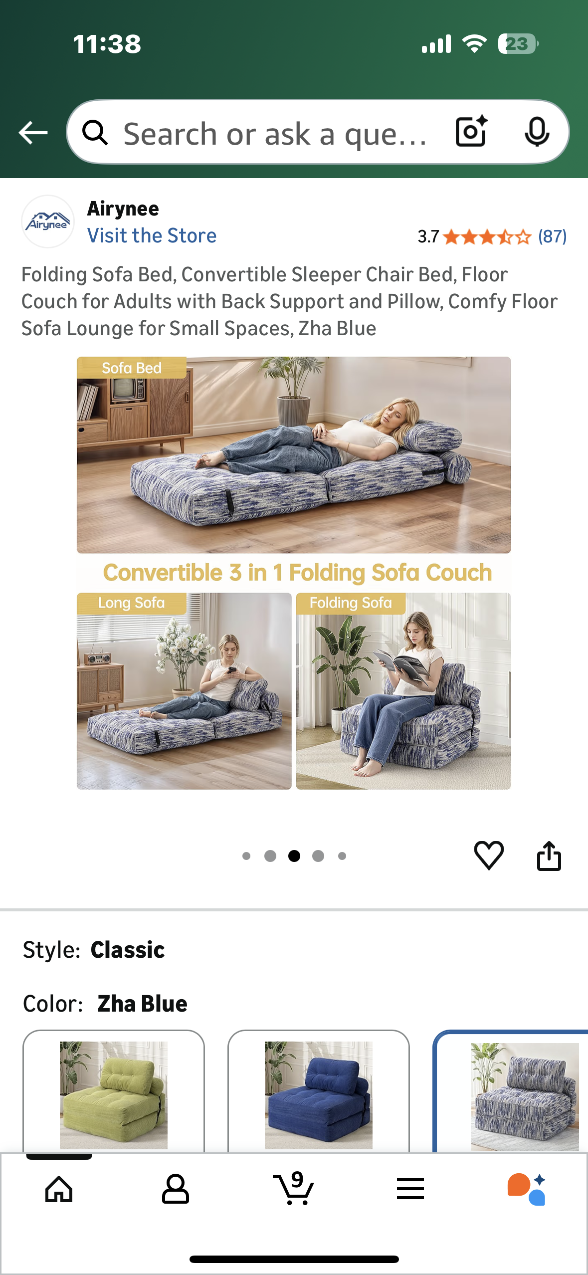 Folding Sofa Bed, Convertible Sleeper Chair Bed, Floor Couch for Adults with Back Support and Pillow, Comfy Floor Sofa Lounge for Small Spaces, Zha Blue (L1103)