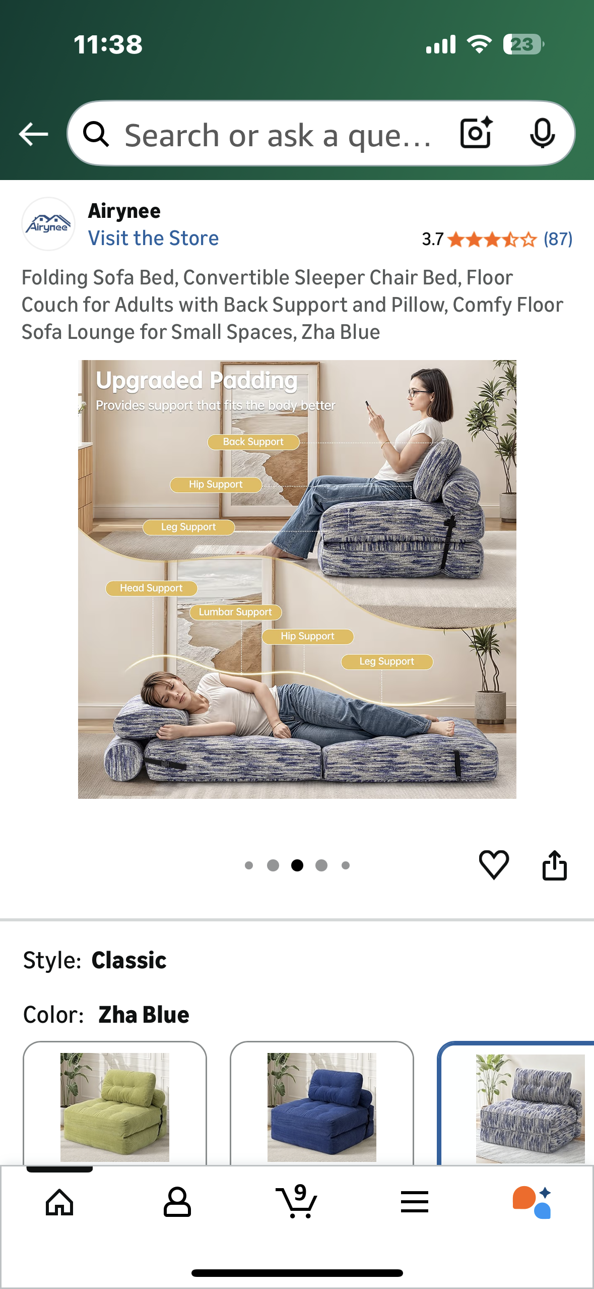 Folding Sofa Bed, Convertible Sleeper Chair Bed, Floor Couch for Adults with Back Support and Pillow, Comfy Floor Sofa Lounge for Small Spaces, Zha Blue (L1103)