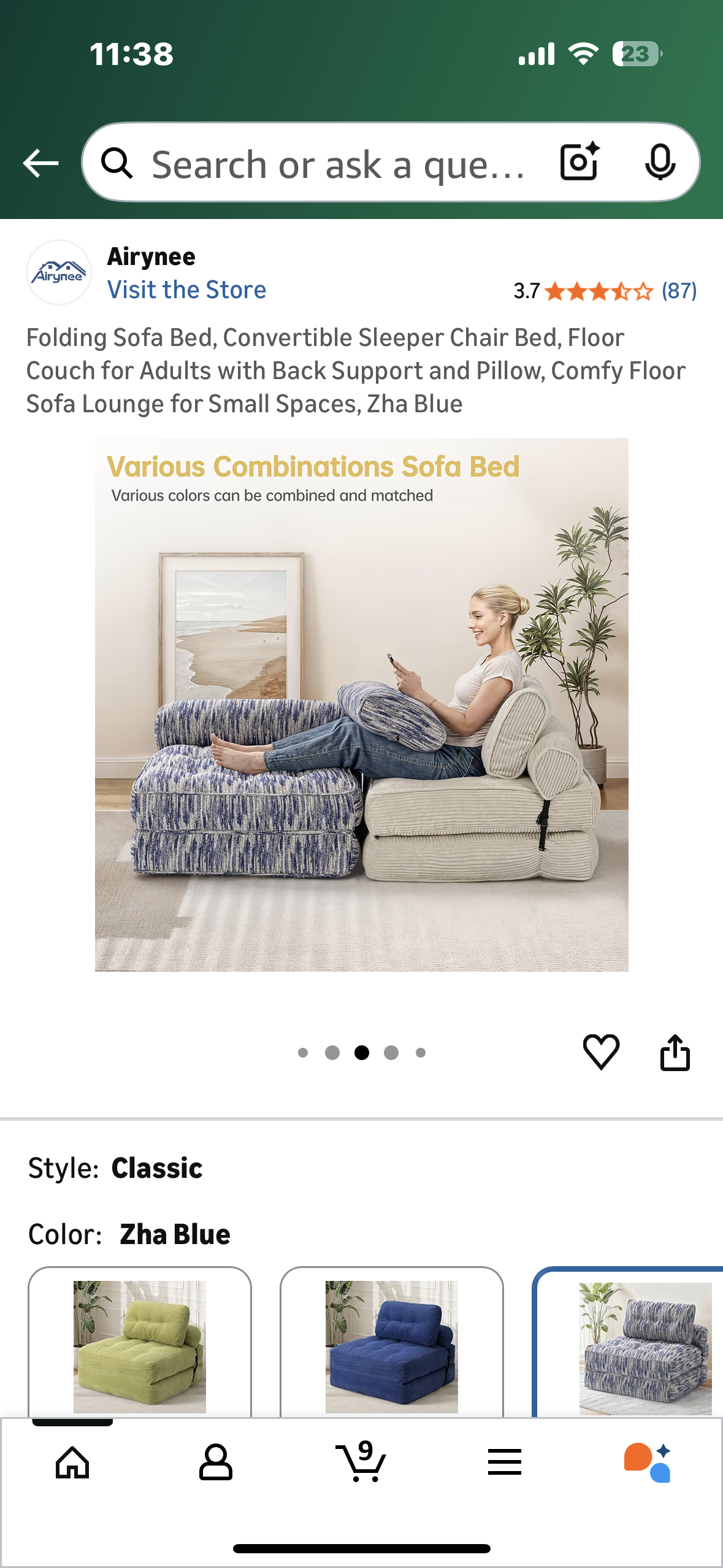 Folding Sofa Bed, Convertible Sleeper Chair Bed, Floor Couch for Adults with Back Support and Pillow, Comfy Floor Sofa Lounge for Small Spaces, Zha Blue (L1103)