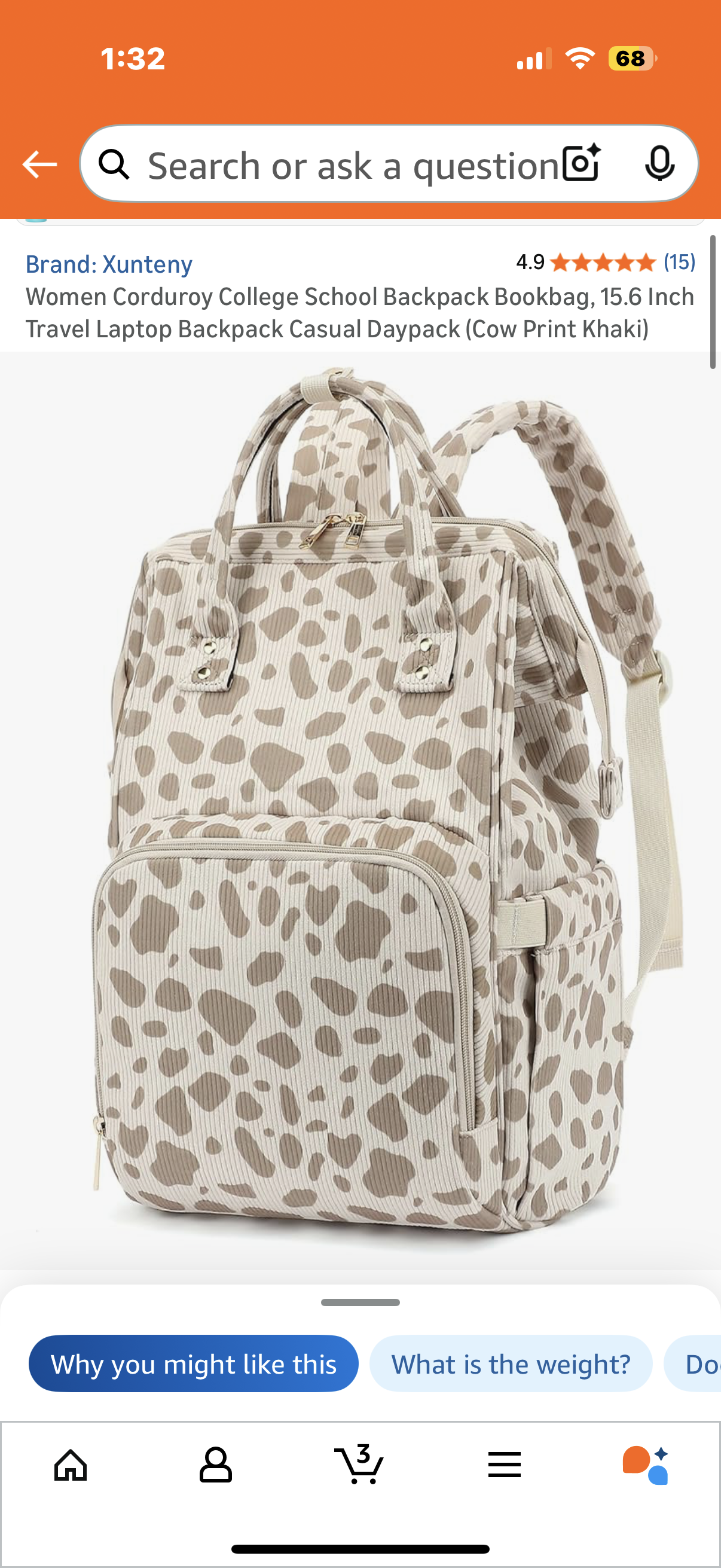 Women Corduroy College School Backpack Bookbag, 15.6 Inch Travel Laptop Backpack Casual Daypack (Cow Print Khaki