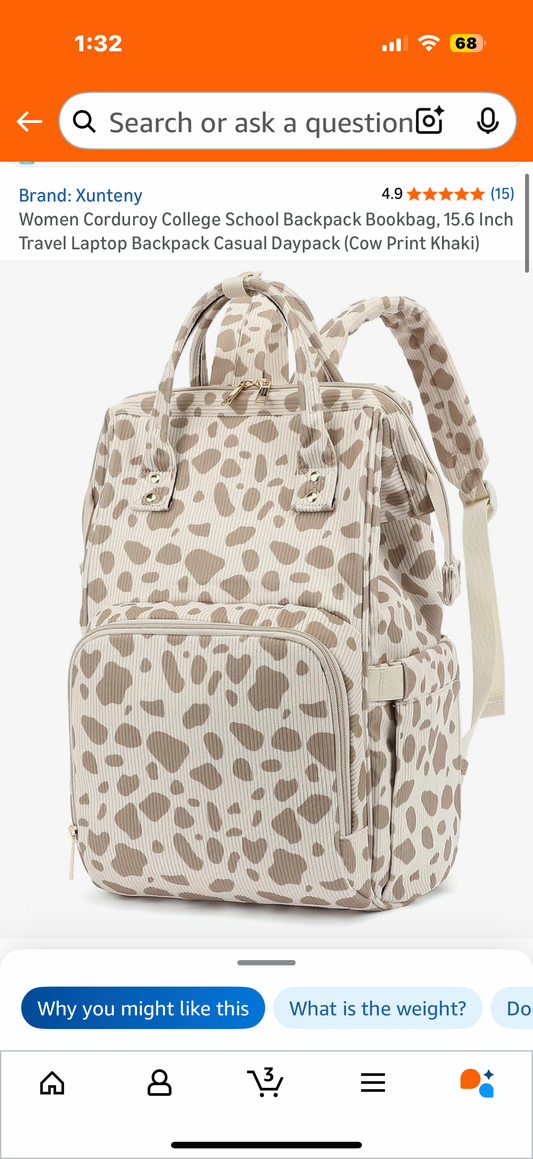 Women Corduroy College School Backpack Bookbag, 15.6 Inch Travel Laptop Backpack Casual Daypack (Cow Print Khaki