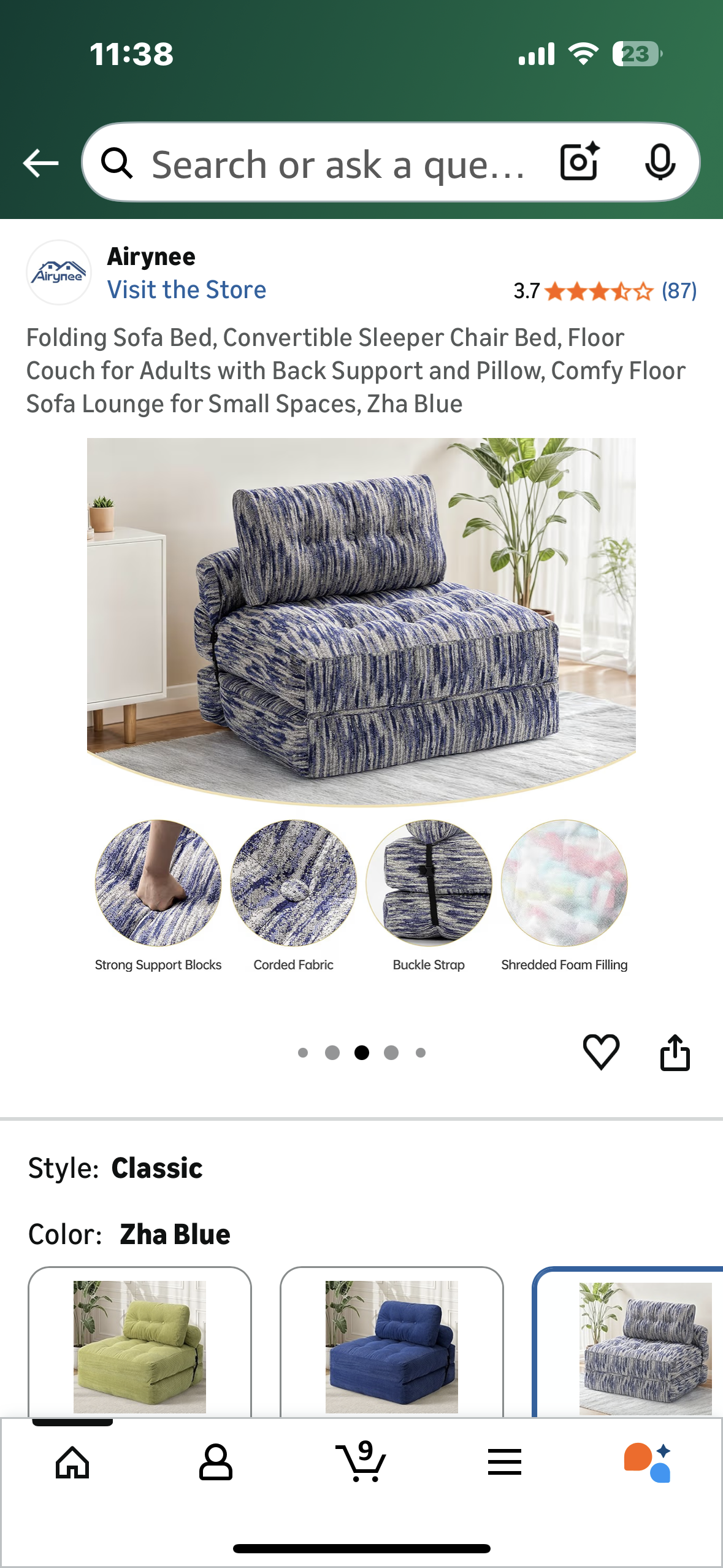 Folding Sofa Bed, Convertible Sleeper Chair Bed, Floor Couch for Adults with Back Support and Pillow, Comfy Floor Sofa Lounge for Small Spaces, Zha Blue (L1103)