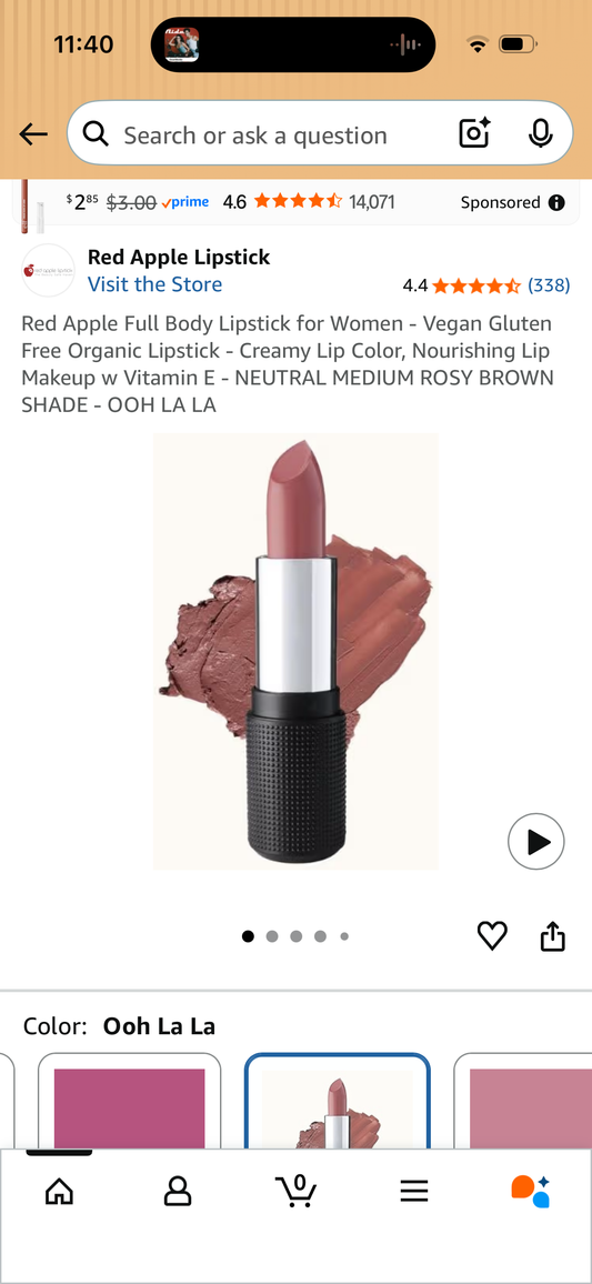 Red Apple Full Body Lipstick for Women - Vegan Gluten Free Organic Lipstick - Creamy Lip Color, Nourishing Lip Makeup w Vitamin E - NEUTRAL MEDIUM ROSY BROWN SHADE - OOH LA LA