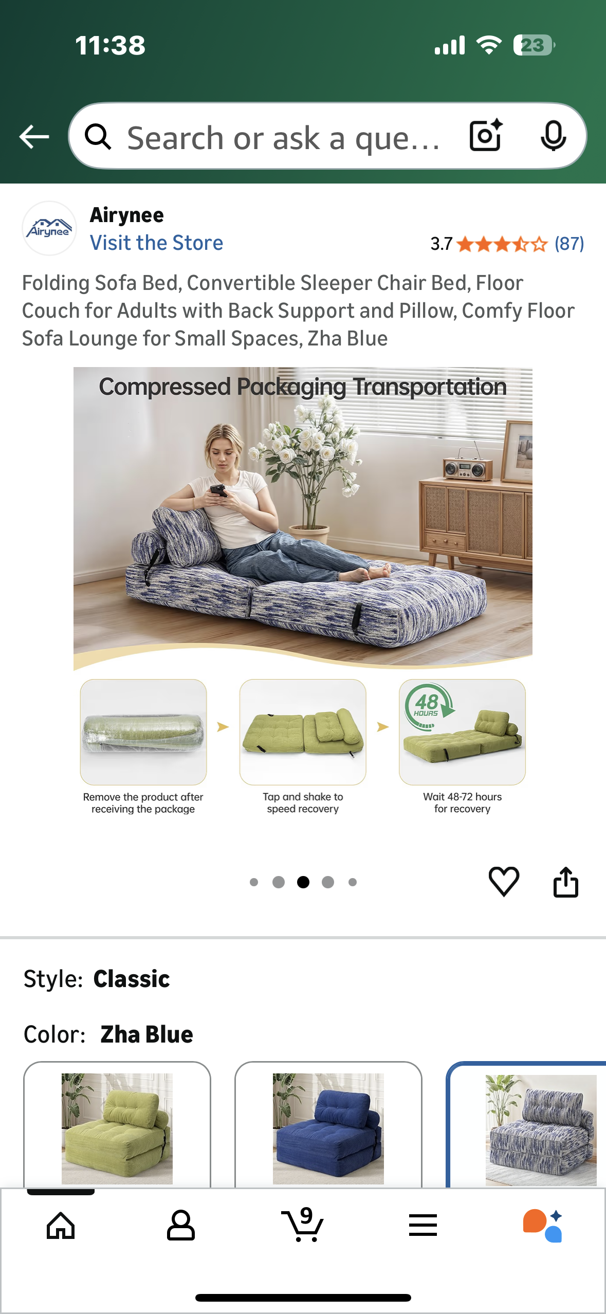 Folding Sofa Bed, Convertible Sleeper Chair Bed, Floor Couch for Adults with Back Support and Pillow, Comfy Floor Sofa Lounge for Small Spaces, Zha Blue (L1103)