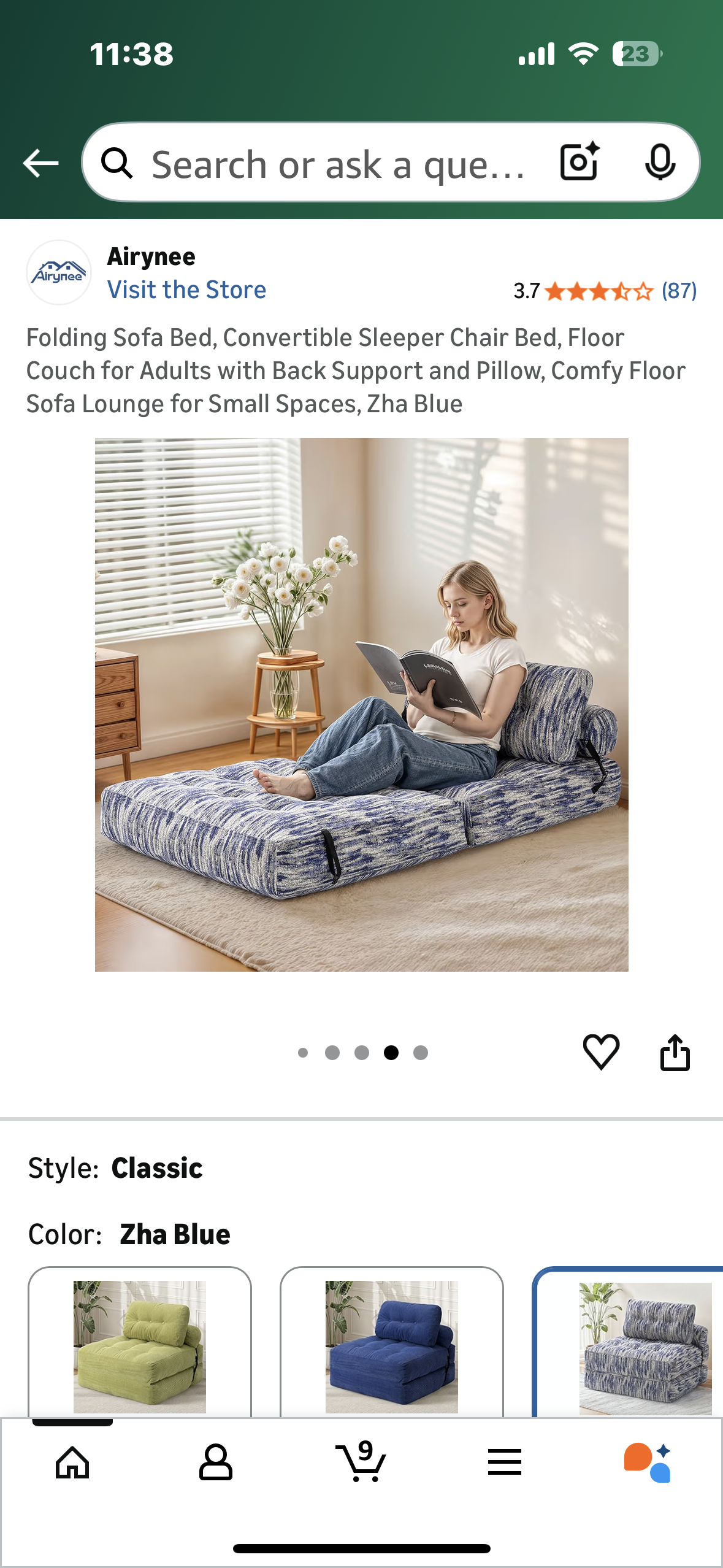 Folding Sofa Bed, Convertible Sleeper Chair Bed, Floor Couch for Adults with Back Support and Pillow, Comfy Floor Sofa Lounge for Small Spaces, Zha Blue (L1103)