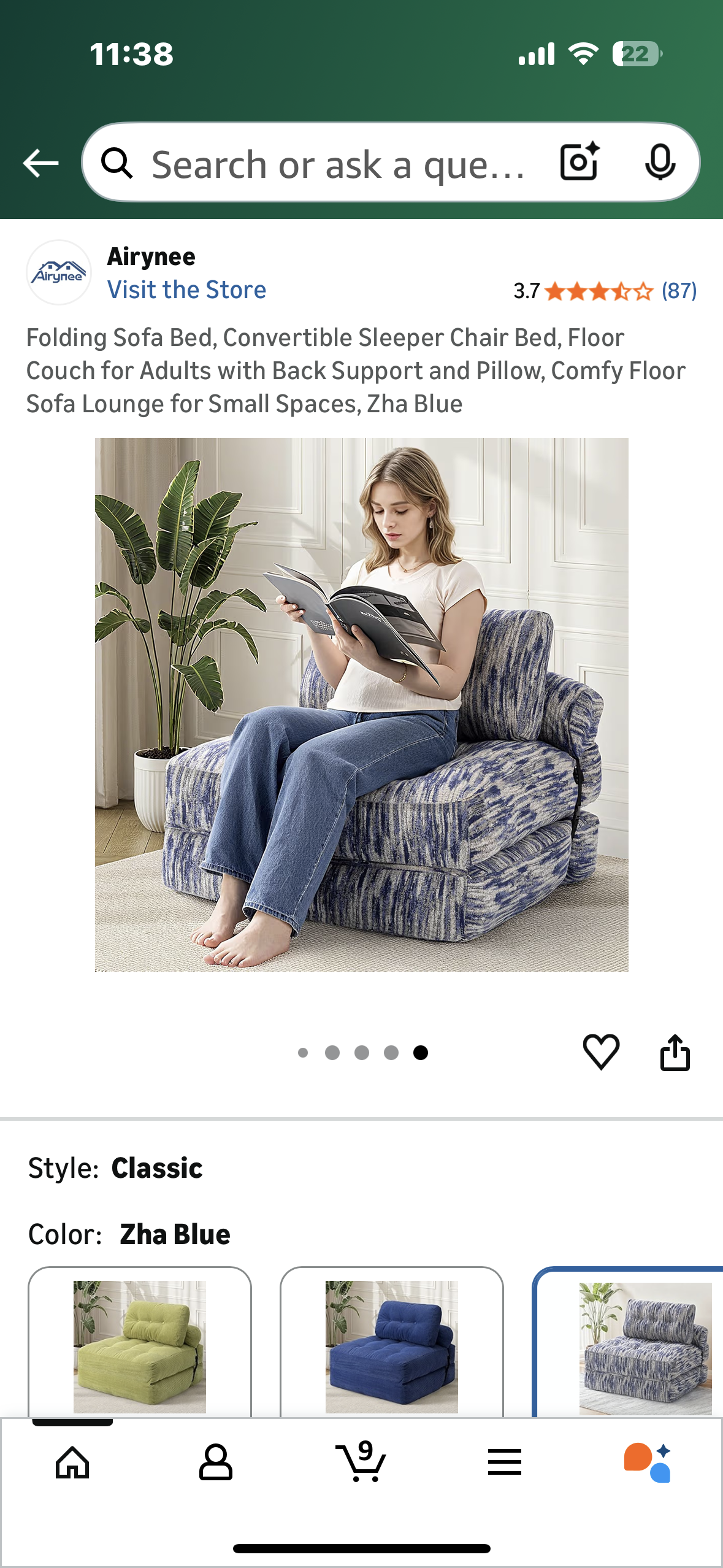 Folding Sofa Bed, Convertible Sleeper Chair Bed, Floor Couch for Adults with Back Support and Pillow, Comfy Floor Sofa Lounge for Small Spaces, Zha Blue (L1103)