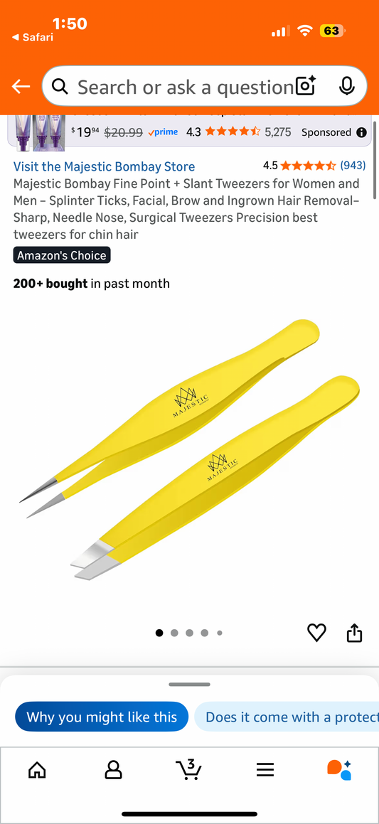 Majestic Bombay Fine Point + Slant Tweezers for Women and Men – Splinter Ticks, Facial, Brow and Ingrown Hair Removal–Sharp, Needle Nose, Surgical Tweezers Precision best tweezers for chin hair