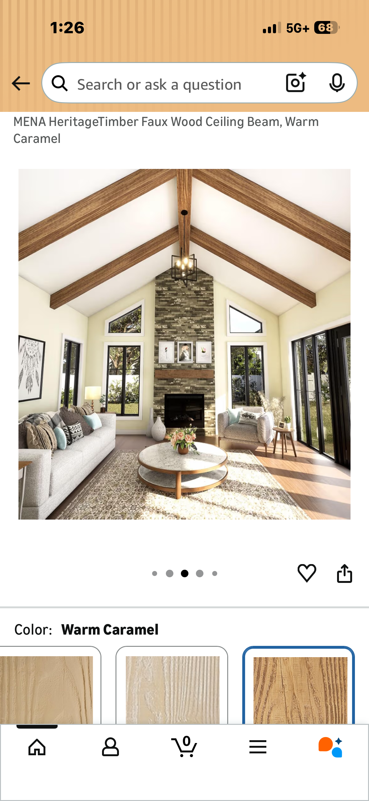 Ekena Millwork 3 1/2'W x 5 1/2'H x 120'L 3-Sided (U-Beam) MENA HeritageTimber Faux Wood Ceiling Beam, Warm Caramel (L1190)