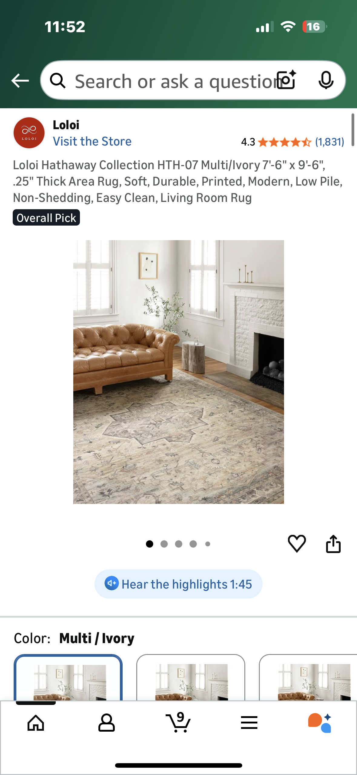 Loloi Hathaway Collection HTH-07 Multi/Ivory 7'-6" x 9'-6", .25" Thick Area Rug, Soft, Durable, Printed, Modern, Low Pile, Non-Shedding, Easy Clean, Living Room Rug (L1104)
