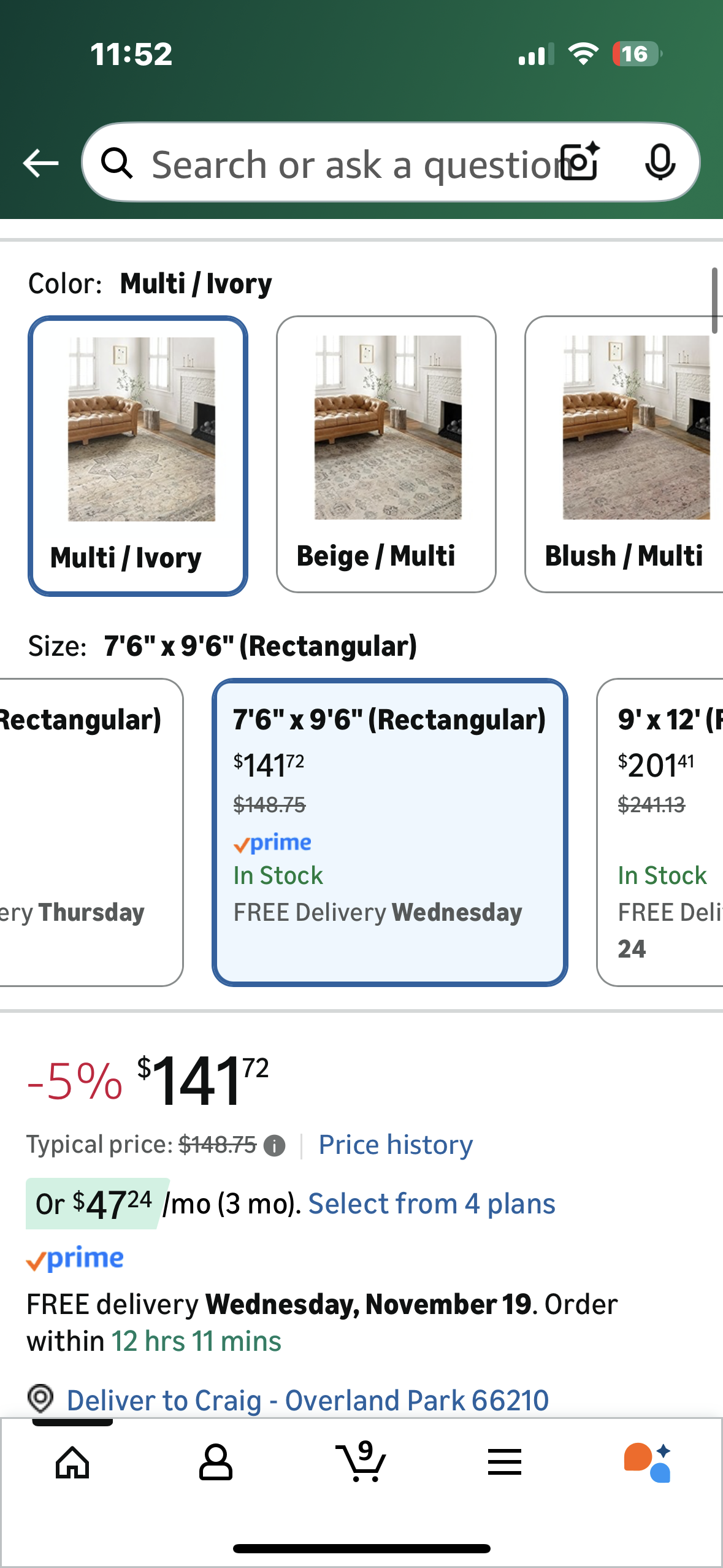 Loloi Hathaway Collection HTH-07 Multi/Ivory 7'-6" x 9'-6", .25" Thick Area Rug, Soft, Durable, Printed, Modern, Low Pile, Non-Shedding, Easy Clean, Living Room Rug (L1104)