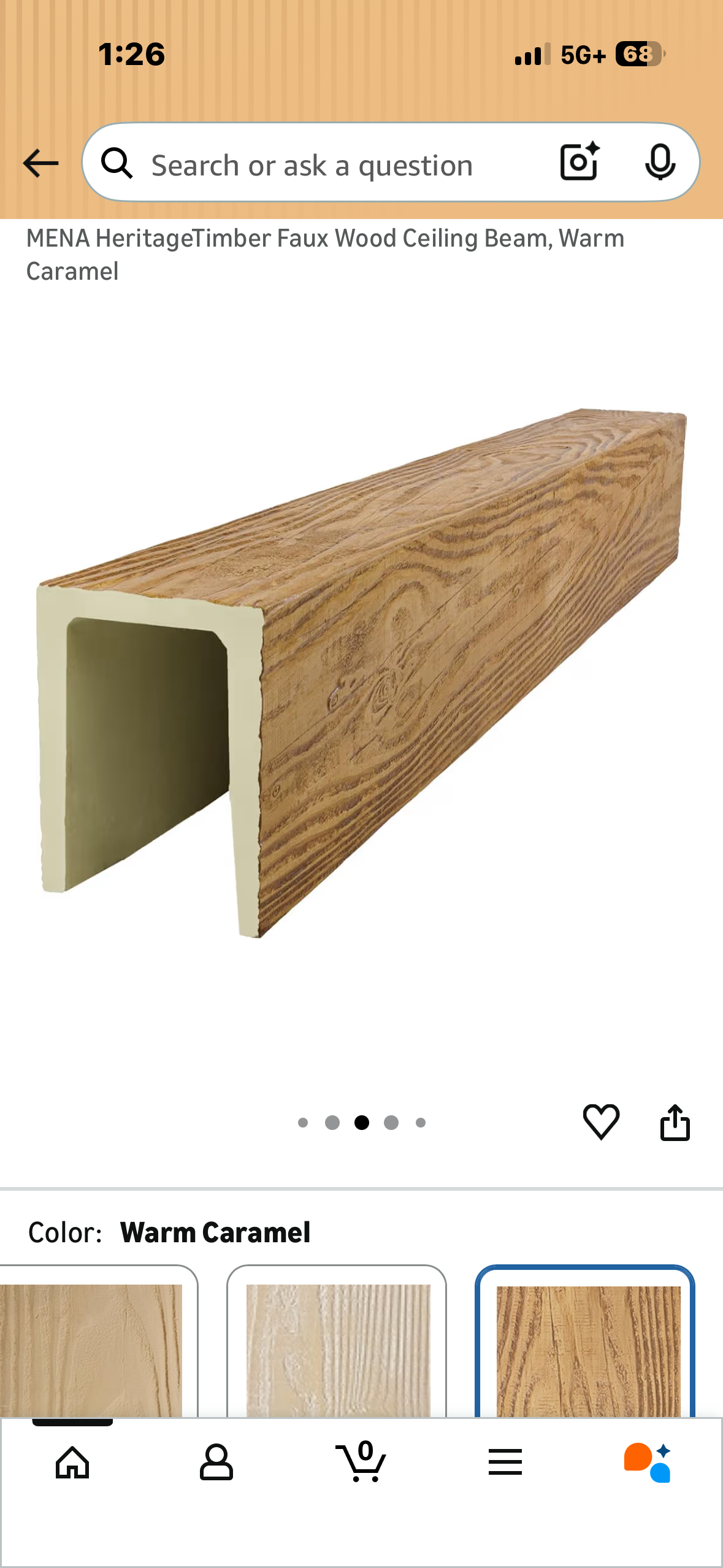 Ekena Millwork 3 1/2'W x 5 1/2'H x 120'L 3-Sided (U-Beam) MENA HeritageTimber Faux Wood Ceiling Beam, Warm Caramel (L1190)