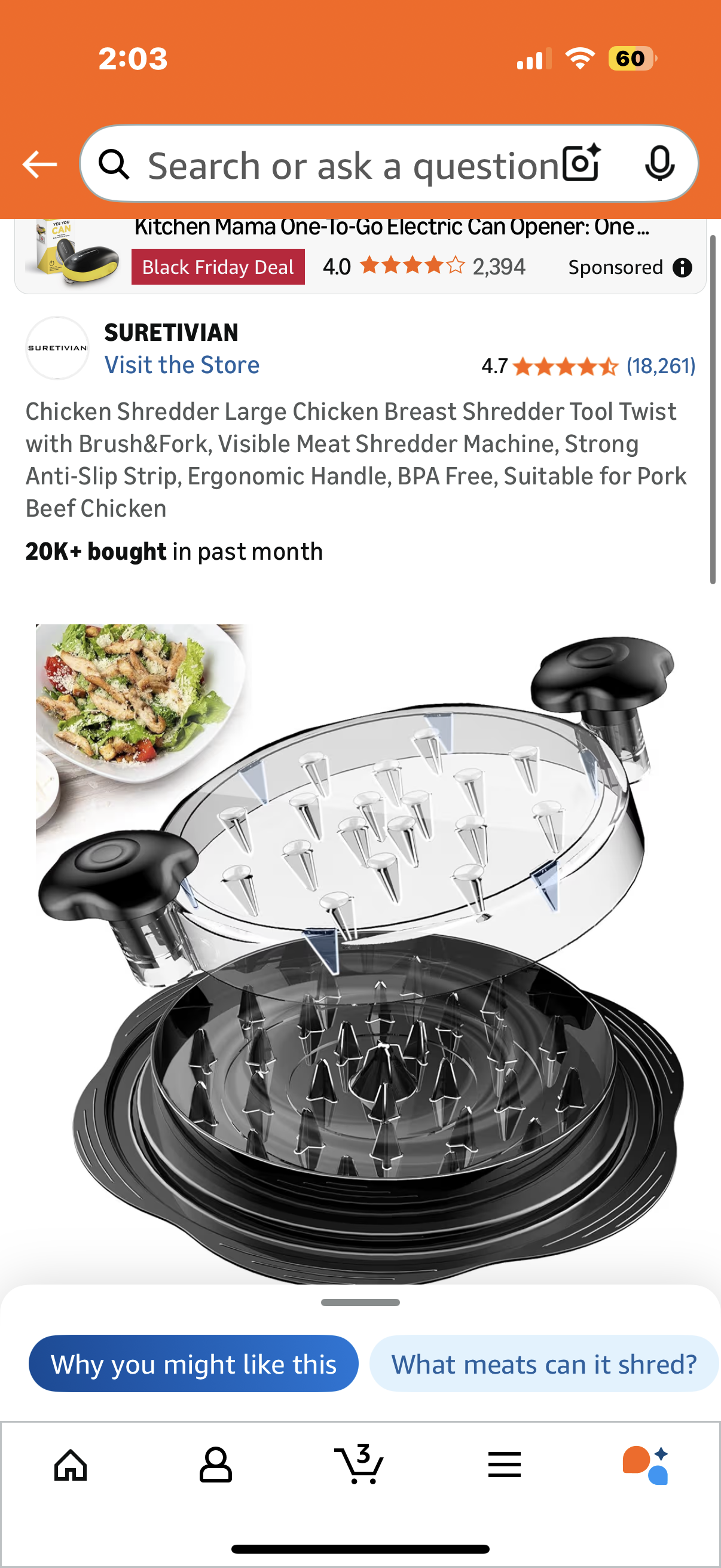 Chicken Shredder Large Chicken Breast Shredder Tool Twist with Brush&Fork, Visible Meat Shredder Machine, Strong Anti-Slip Strip, Ergonomic Handle, BPA Free, Suitable for Pork Beef Chicken