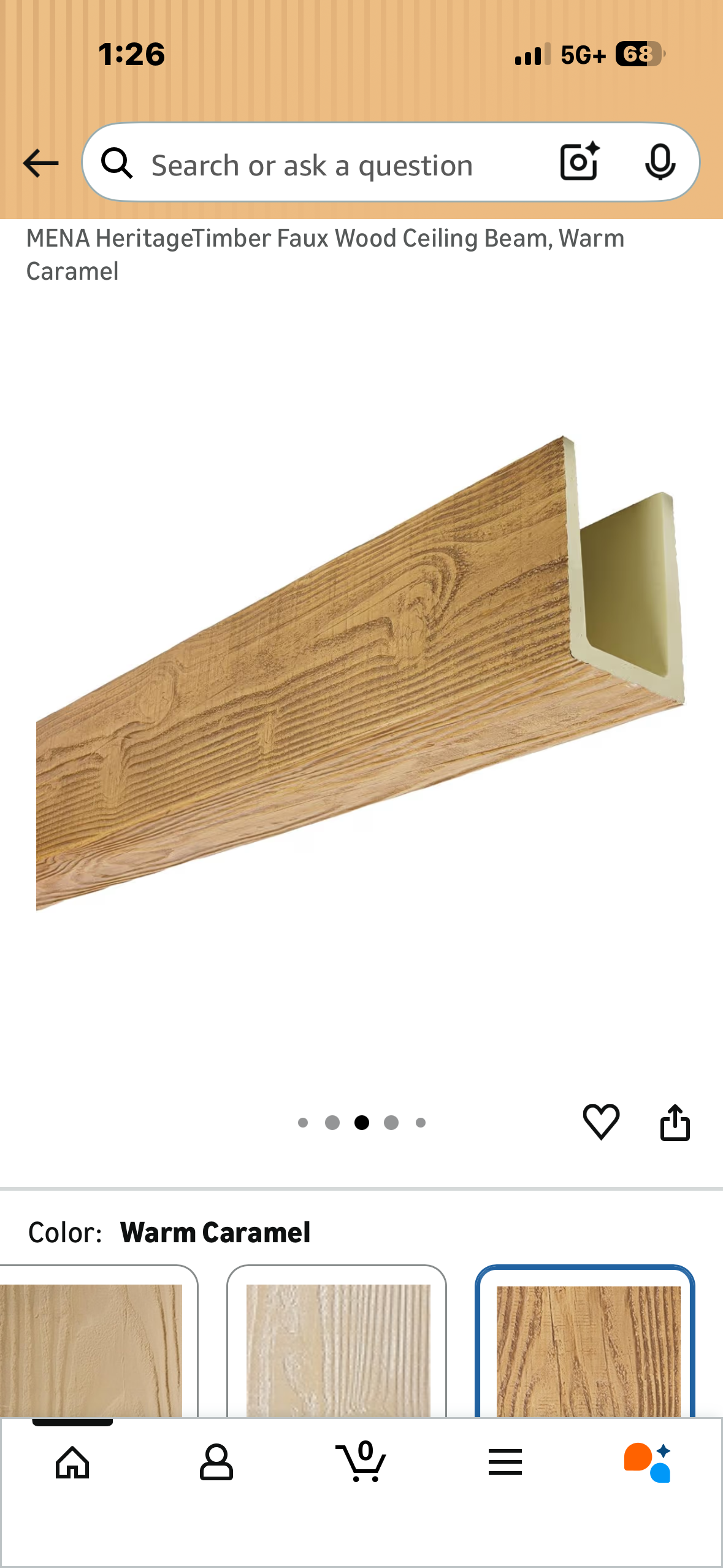 Ekena Millwork 3 1/2'W x 5 1/2'H x 120'L 3-Sided (U-Beam) MENA HeritageTimber Faux Wood Ceiling Beam, Warm Caramel (L1190)
