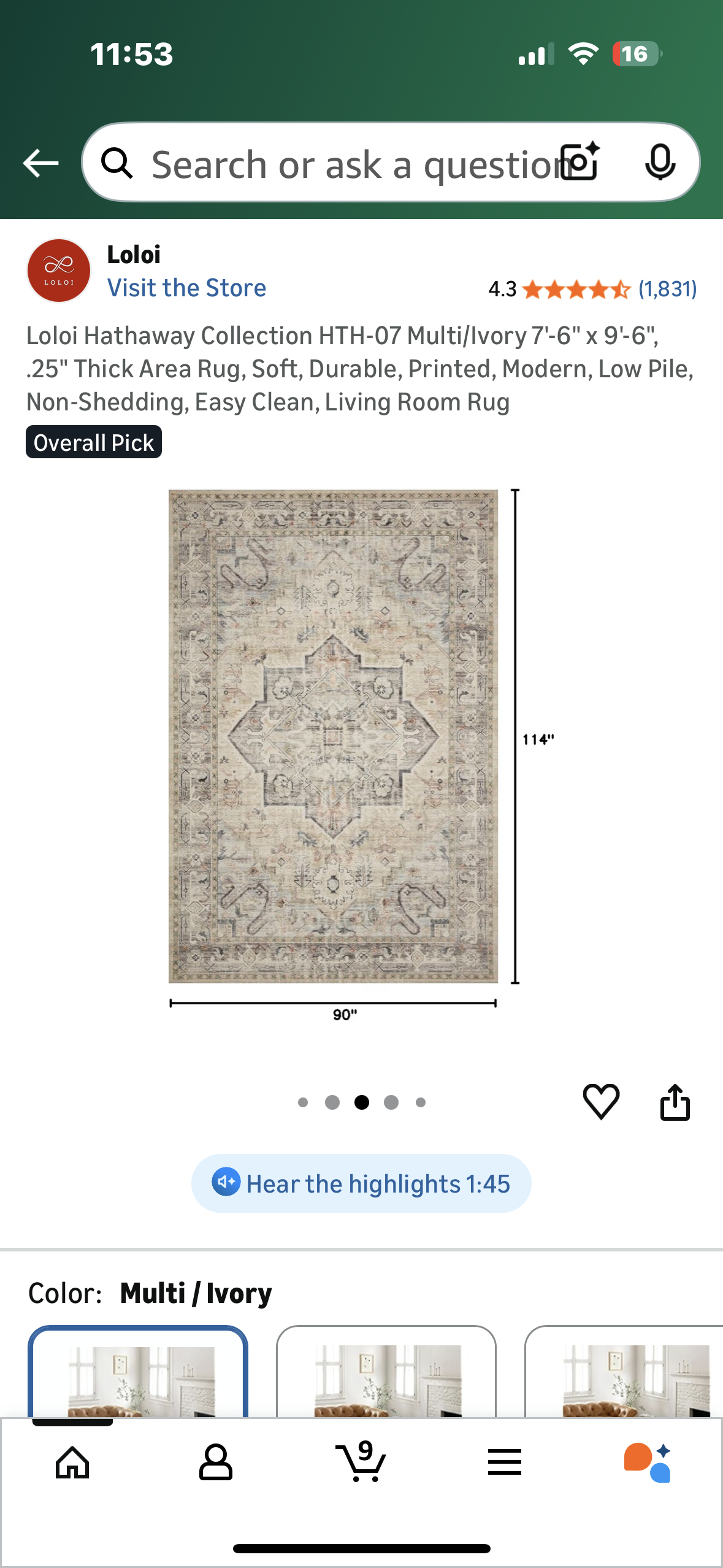 Loloi Hathaway Collection HTH-07 Multi/Ivory 7'-6" x 9'-6", .25" Thick Area Rug, Soft, Durable, Printed, Modern, Low Pile, Non-Shedding, Easy Clean, Living Room Rug (L1104)