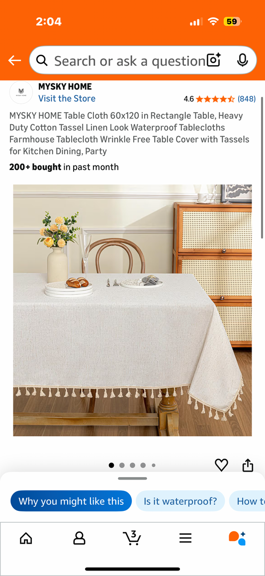 MYSKY HOME Table Cloth 60x120 in Rectangle Table, Heavy Duty Cotton Tassel Linen Look Waterproof Tablecloths Farmhouse Tablecloth Wrinkle Free Table Cover with Tassels for Kitchen Dining, Party