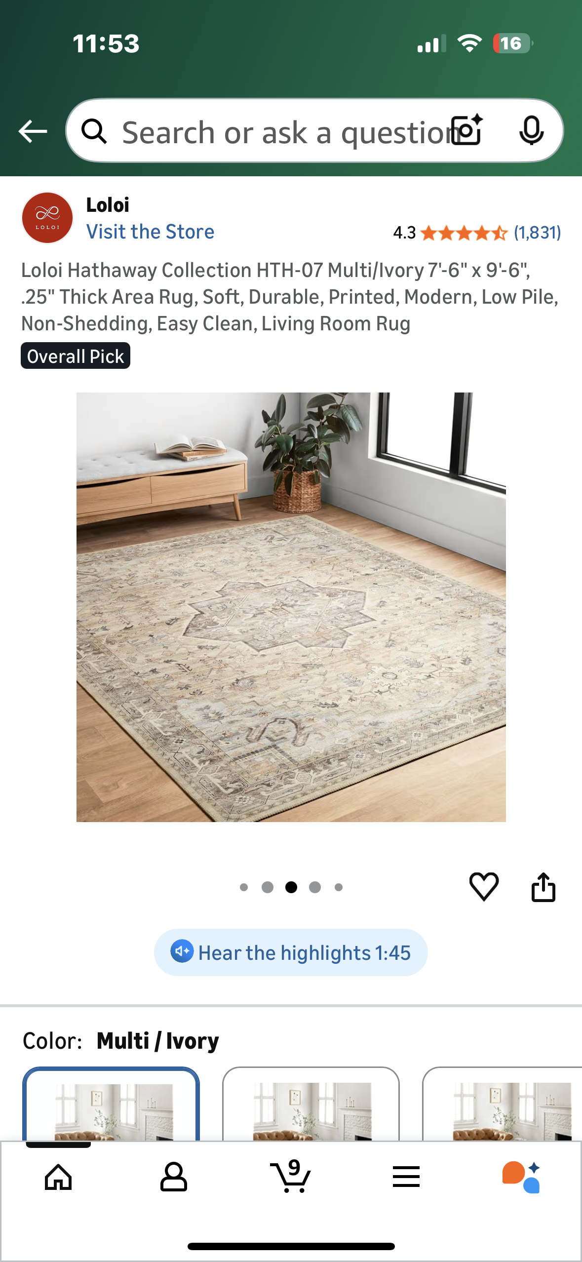 Loloi Hathaway Collection HTH-07 Multi/Ivory 7'-6" x 9'-6", .25" Thick Area Rug, Soft, Durable, Printed, Modern, Low Pile, Non-Shedding, Easy Clean, Living Room Rug (L1104)