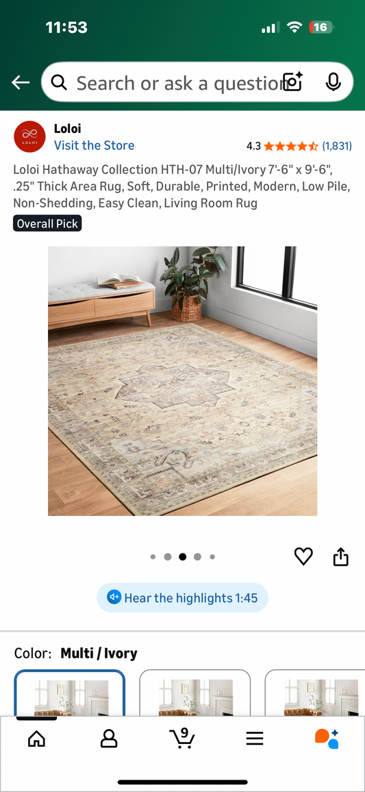 Loloi Hathaway Collection HTH-07 Multi/Ivory 7'-6" x 9'-6", .25" Thick Area Rug, Soft, Durable, Printed, Modern, Low Pile, Non-Shedding, Easy Clean, Living Room Rug (L1104)