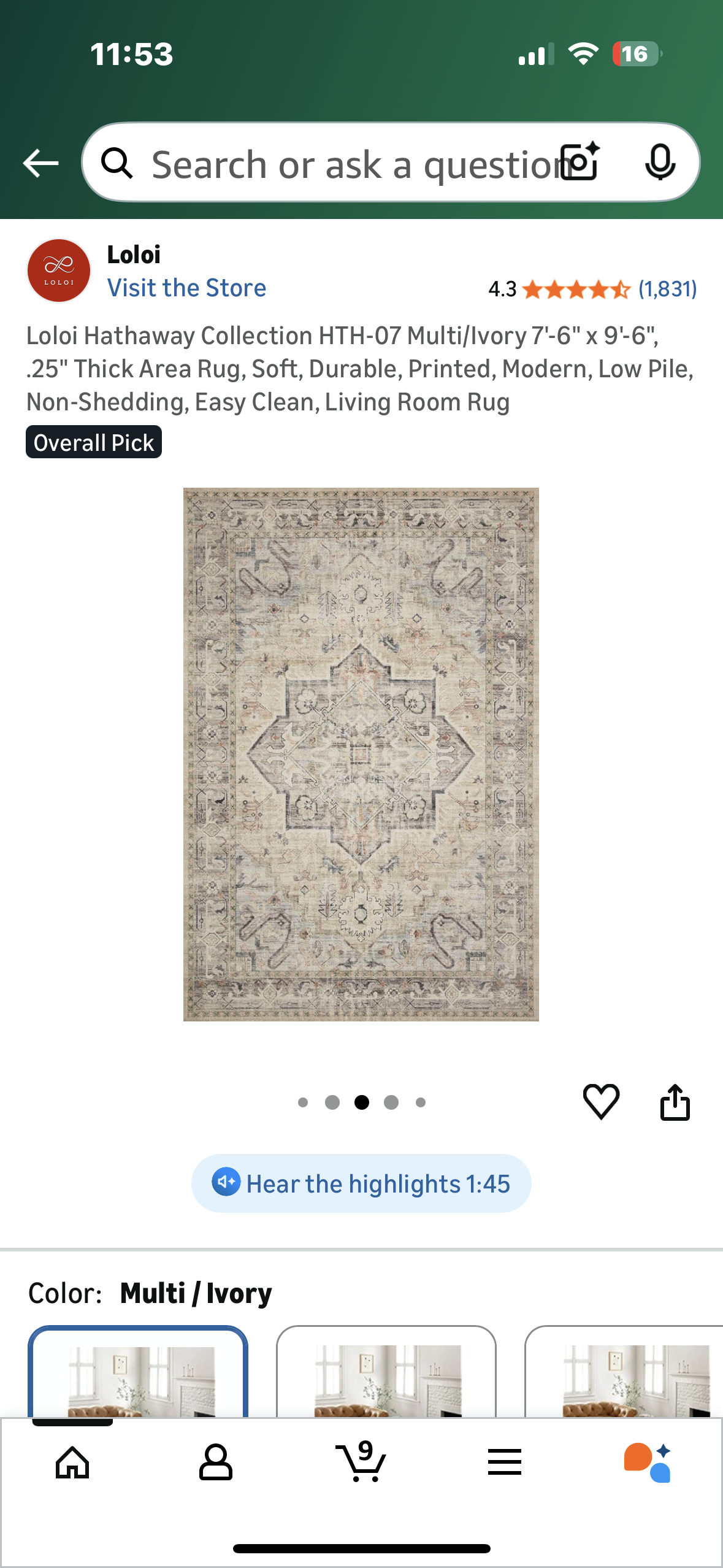 Loloi Hathaway Collection HTH-07 Multi/Ivory 7'-6" x 9'-6", .25" Thick Area Rug, Soft, Durable, Printed, Modern, Low Pile, Non-Shedding, Easy Clean, Living Room Rug (L1104)