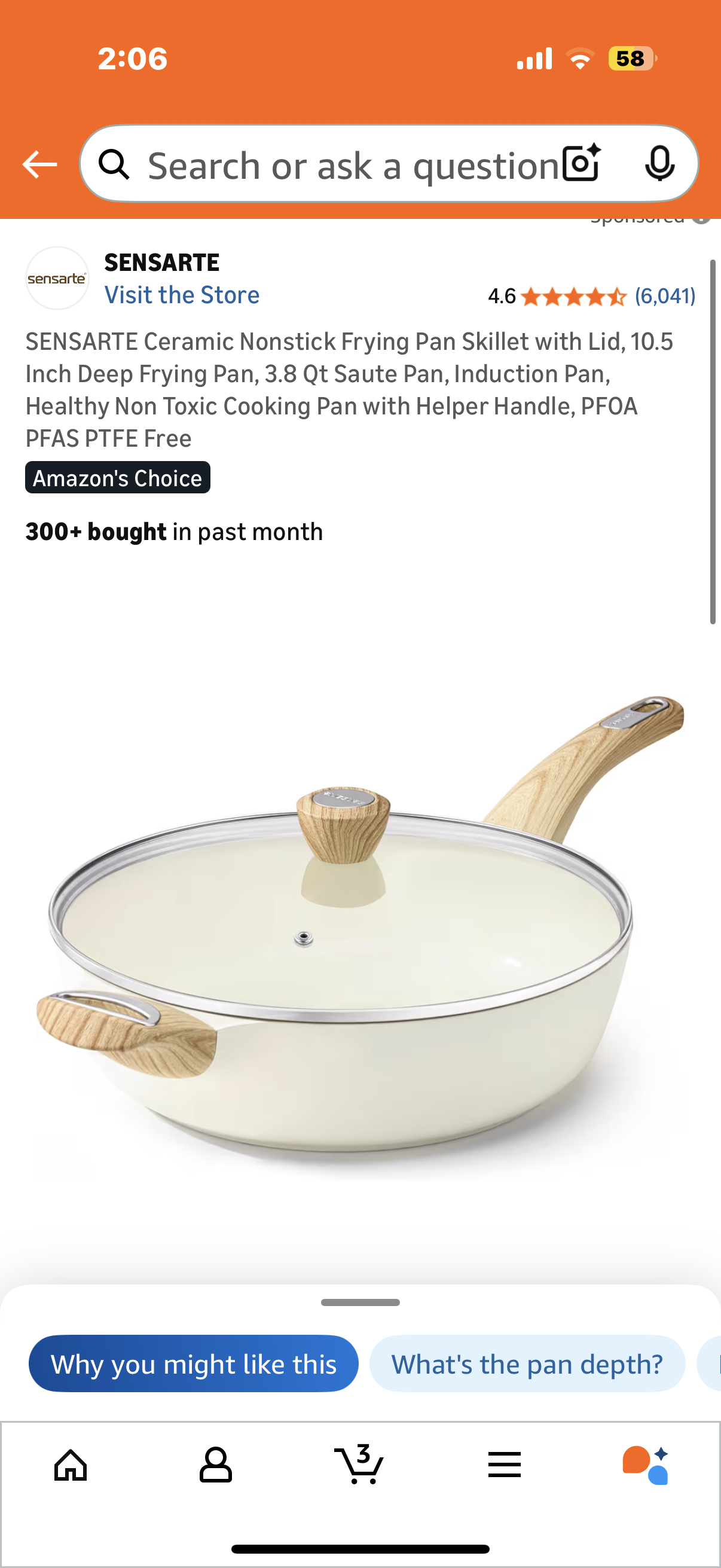 SENSARTE Ceramic Nonstick Frying Pan Skillet with Lid, 10.5 Inch Deep Frying Pan, 3.8 Qt Saute Pan, Induction Pan, Healthy Non Toxic Cooking Pan with Helper Handle, PFOA PFAS PTFE Free