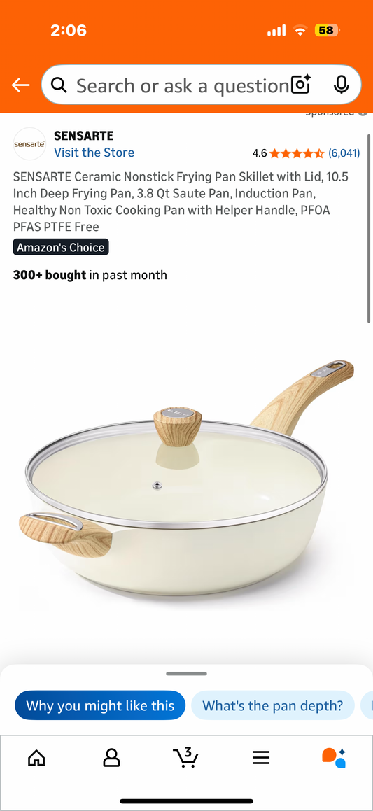 SENSARTE Ceramic Nonstick Frying Pan Skillet with Lid, 10.5 Inch Deep Frying Pan, 3.8 Qt Saute Pan, Induction Pan, Healthy Non Toxic Cooking Pan with Helper Handle, PFOA PFAS PTFE Free