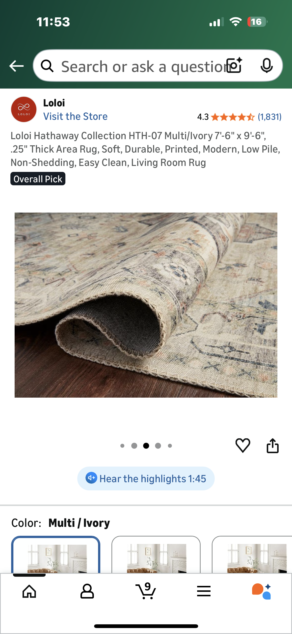 Loloi Hathaway Collection HTH-07 Multi/Ivory 7'-6" x 9'-6", .25" Thick Area Rug, Soft, Durable, Printed, Modern, Low Pile, Non-Shedding, Easy Clean, Living Room Rug (L1104)