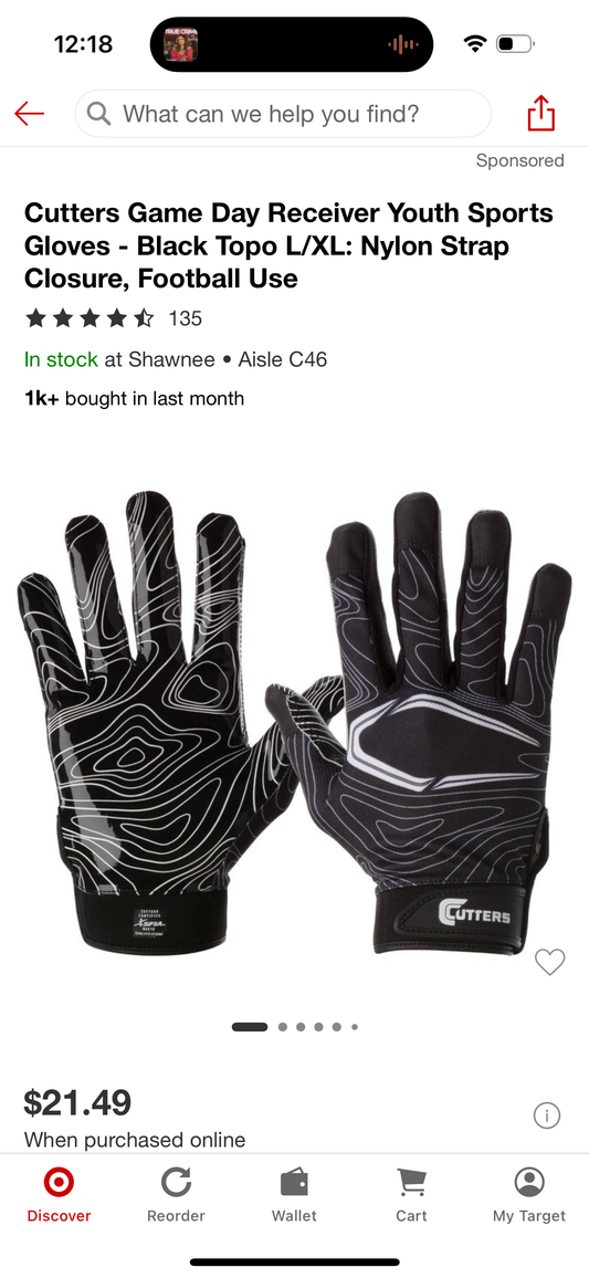 Cutters Game Day Receiver Youth Sports Gloves - Black Topo L/XL: Nylon Strap Closure, Football Use