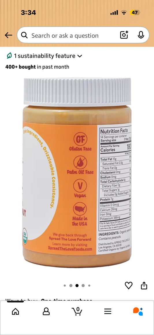 Spread The Love NAKED CRUNCH Organic Peanut Butter (Organic, All Natural, Vegan, Gluten-free, Creamy, Dry-Roasted, No added salt, No added sugar, No palm oil)