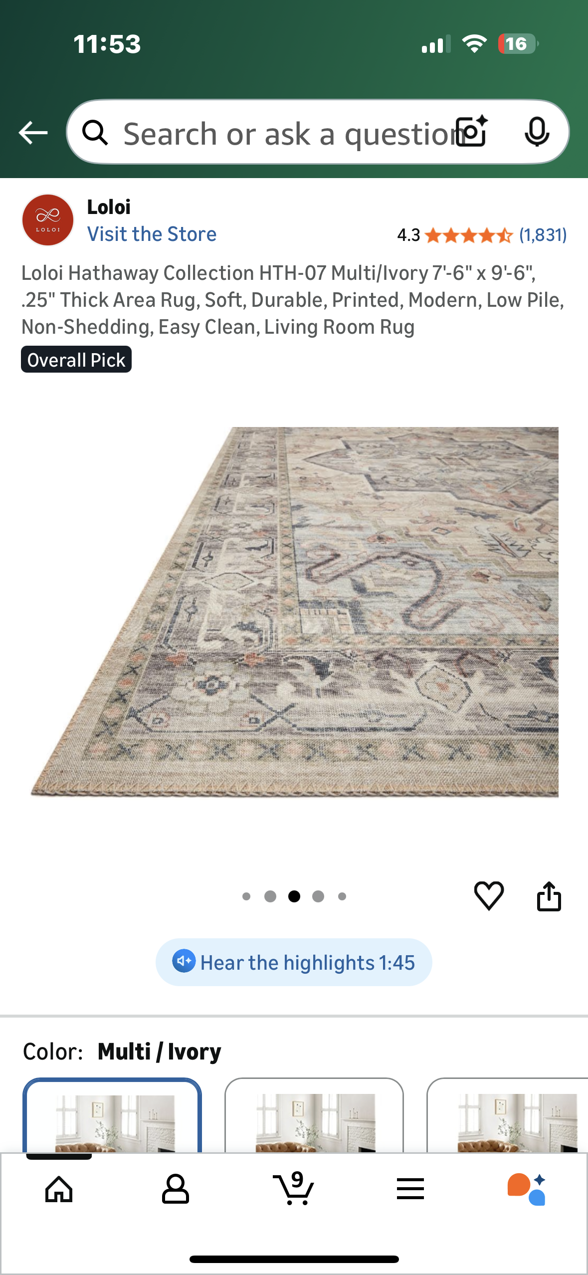 Loloi Hathaway Collection HTH-07 Multi/Ivory 7'-6" x 9'-6", .25" Thick Area Rug, Soft, Durable, Printed, Modern, Low Pile, Non-Shedding, Easy Clean, Living Room Rug (L1104)