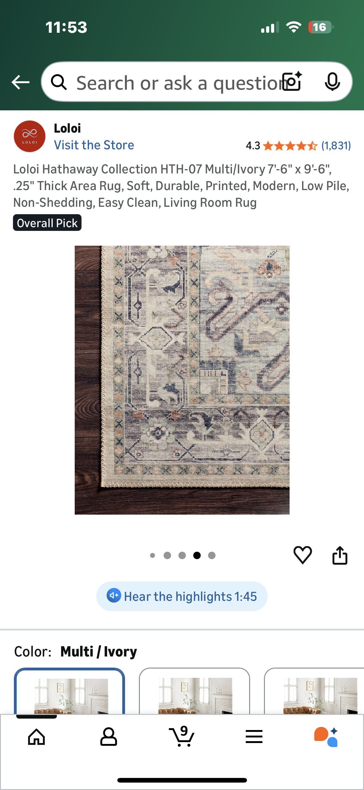 Loloi Hathaway Collection HTH-07 Multi/Ivory 7'-6" x 9'-6", .25" Thick Area Rug, Soft, Durable, Printed, Modern, Low Pile, Non-Shedding, Easy Clean, Living Room Rug (L1104)