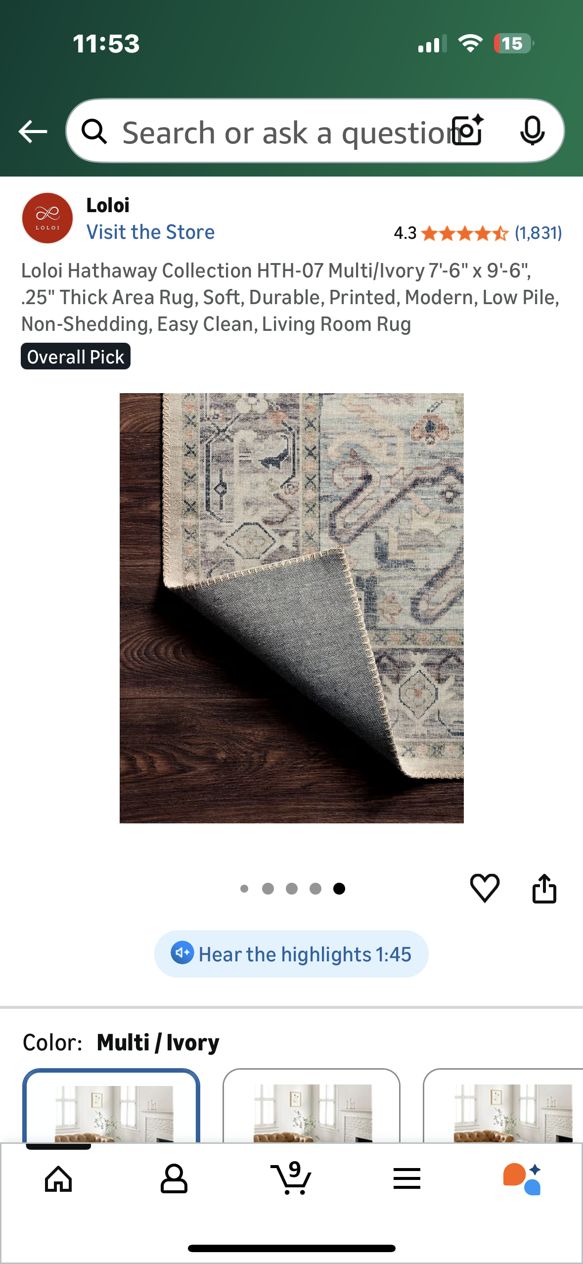 Loloi Hathaway Collection HTH-07 Multi/Ivory 7'-6" x 9'-6", .25" Thick Area Rug, Soft, Durable, Printed, Modern, Low Pile, Non-Shedding, Easy Clean, Living Room Rug (L1104)