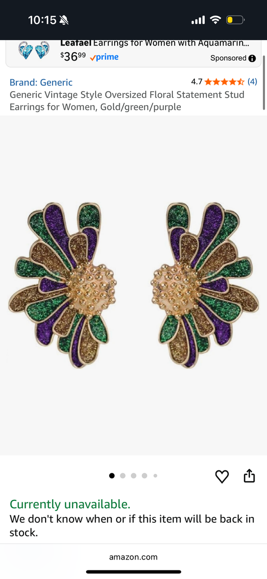Vintage Style Oversized Floral Statement Stud Earrings for Women, Gold/green/purple